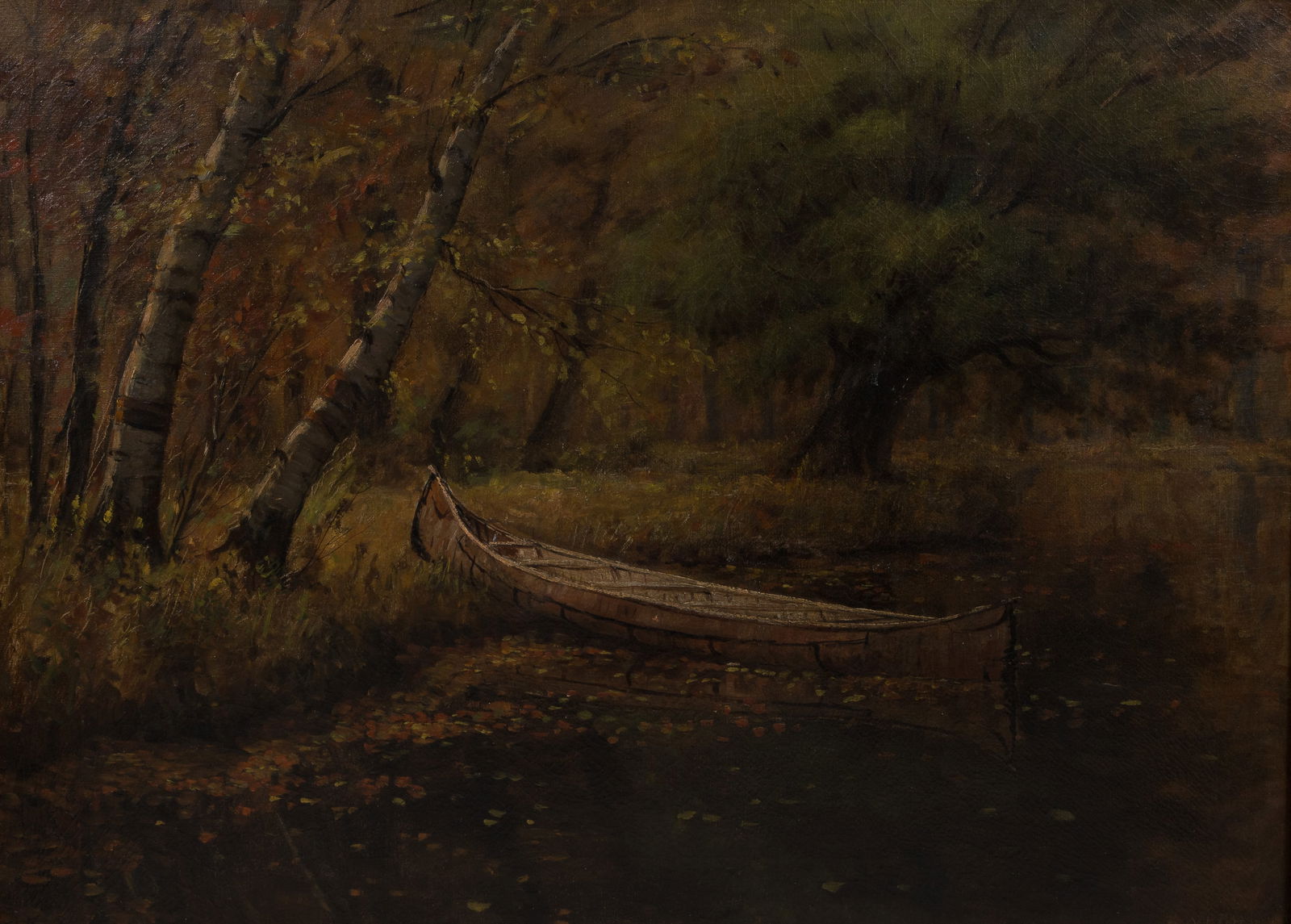William Arnold Porter (American, 1844-1909) Oil on Canvas: William Arnold Porter (American, 1844-1909) Oil on Canvas Undated, signed, depicting a canoe docked at a river bank, in a painted wood frame, having a Chicago Conservation tag verso Property