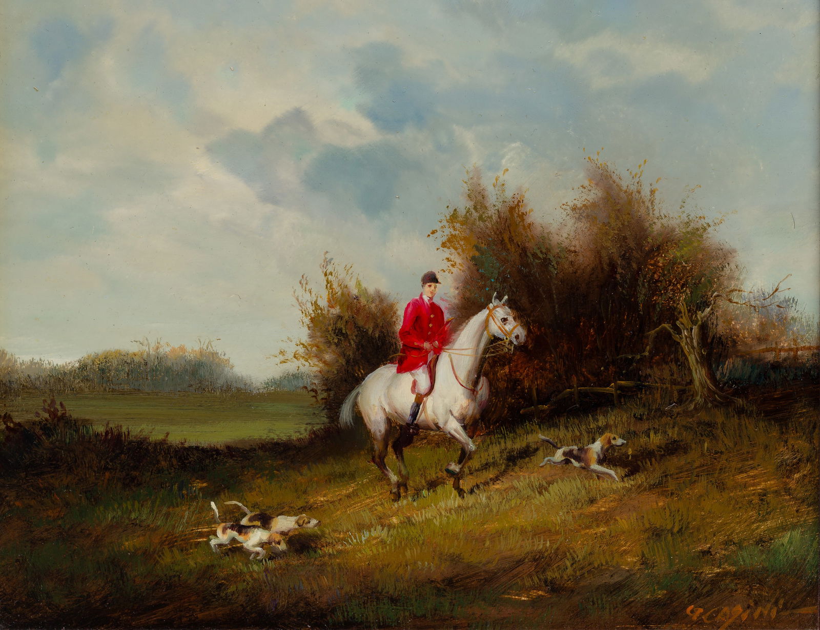 Continental School (20th Century) Oil on Board: Continental School (20th Century) Oil on Board Undated, indistinctly signed (perhaps Cazini), depicting horse, rider and hounds hunting, in a bronze-tone carved wood frame Property from: a