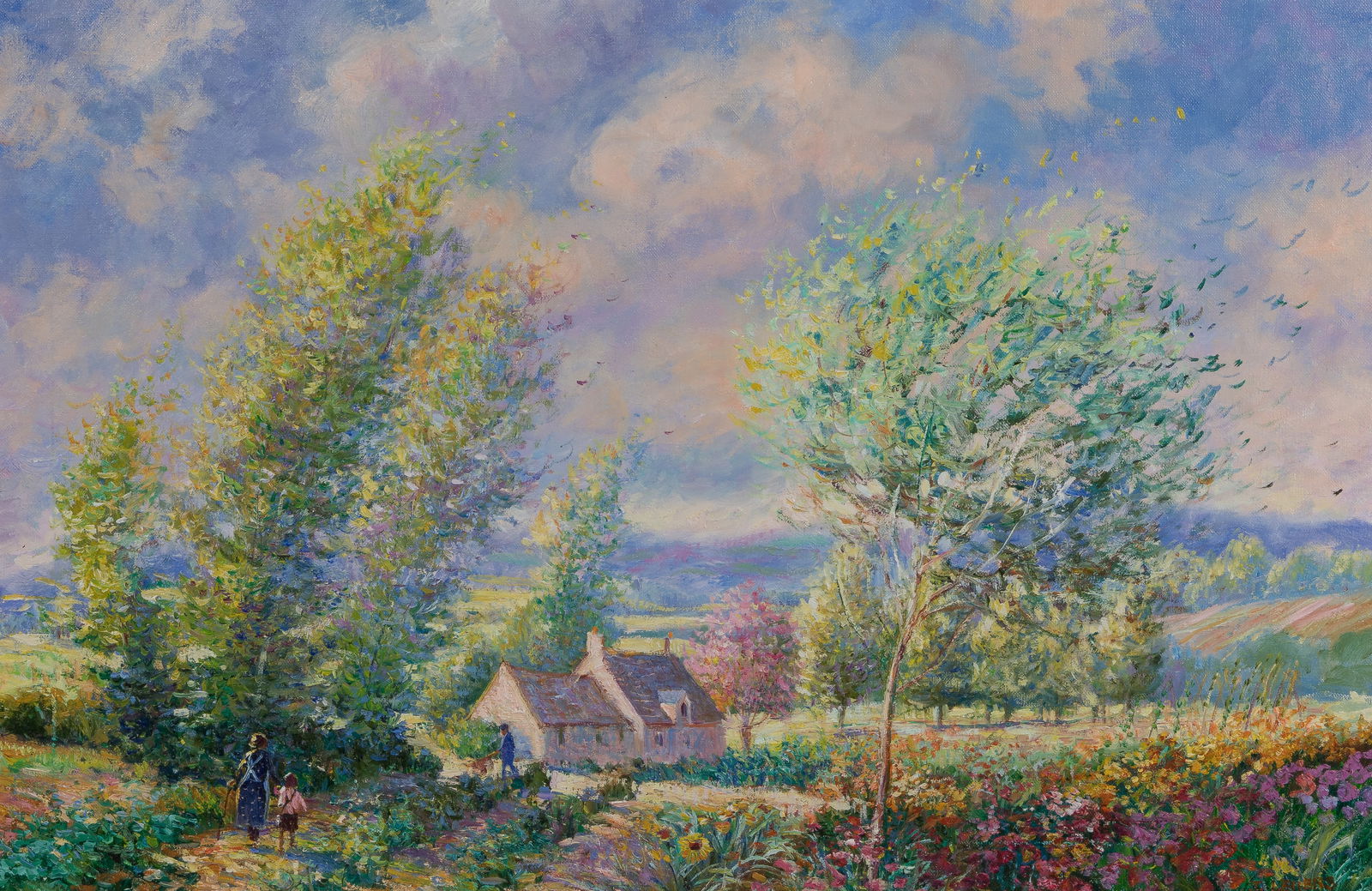 Jeanette Leuers (French, b.1942) 'Breezy Day' Oil on Canvas: Jeanette Leuers (French, b.1942) 'Breezy Day' Oil on Canvas Undated, signed, depicting a countryside landscape, in a painted gesso on wood frame, retaining a Wally Findlay Galleries tag verso 