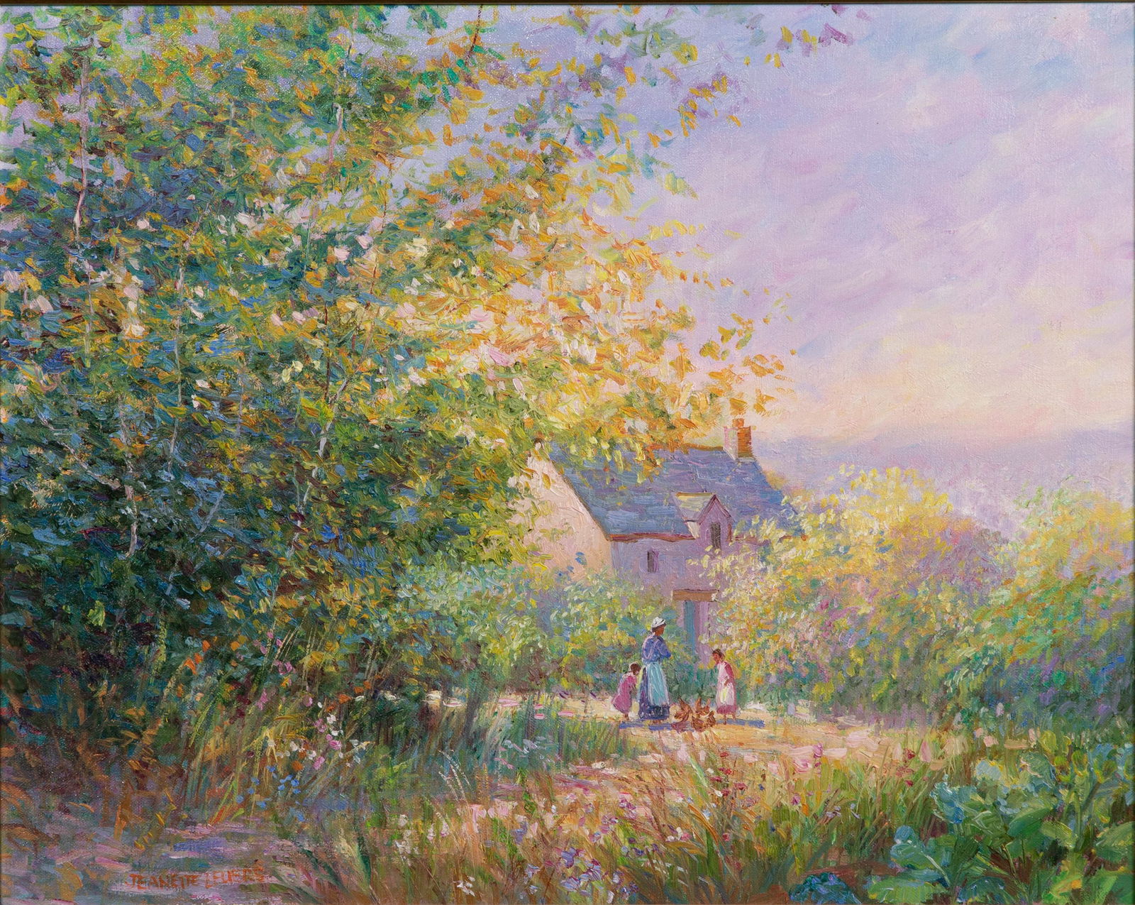 Jeanette Leuers (French, b. 1942) 'Small Farm, La Fontaine' Oil on Canvas: Jeanette Leuers (French, b. 1942) 'Small Farm, La Fontaine' Oil on Canvas Undated, signed lower left, depicting figures and farmhouse amid foliage, in a white-washed gold-tone carved wood frame