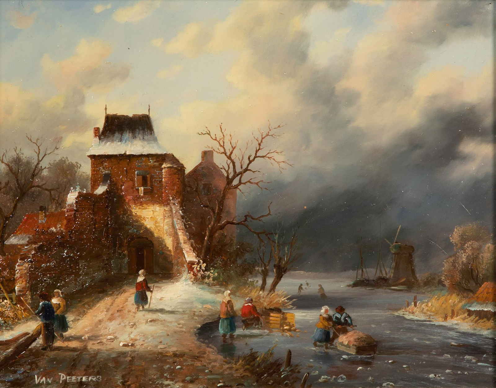 Van Peeters (Dutch, 20th Century) Oil on Panel: Van Peeters (Dutch, 20th Century) Oil on Panel Undated, signed lower left, depicting a building, windmill and figures along a river, in a bronze-tone carved wood frame Property from: a Private
