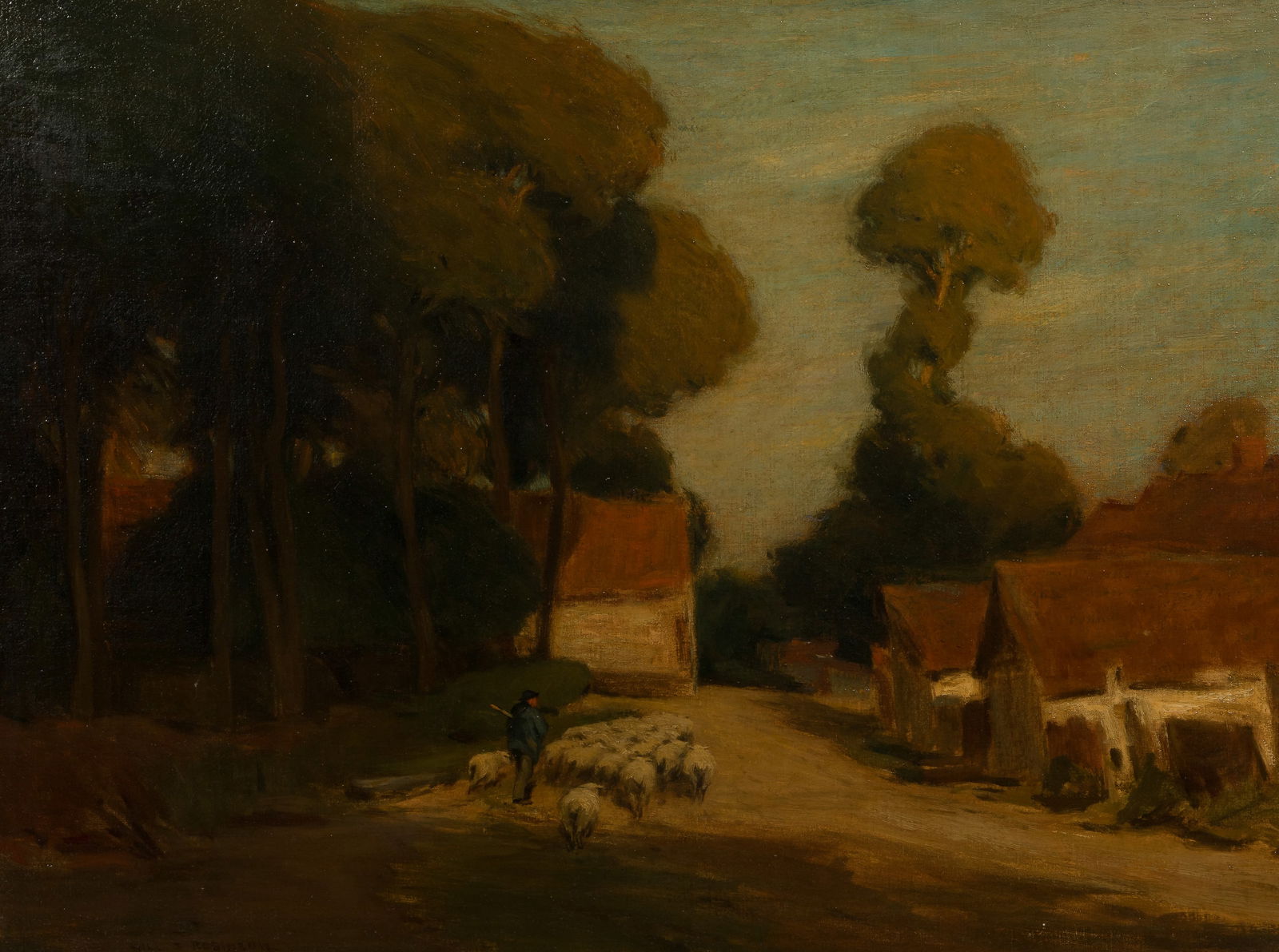 William Smith Robinson (American, 1861-1945) 'Village in Picardy' Oil on Canvas: William Smith Robinson (American, 1861-1945) 'Village in Picardy' Oil on Canvas Undated, signed, depicting a sheep herder and their flock, in a gold-tone gesso on wood frame Property from: a