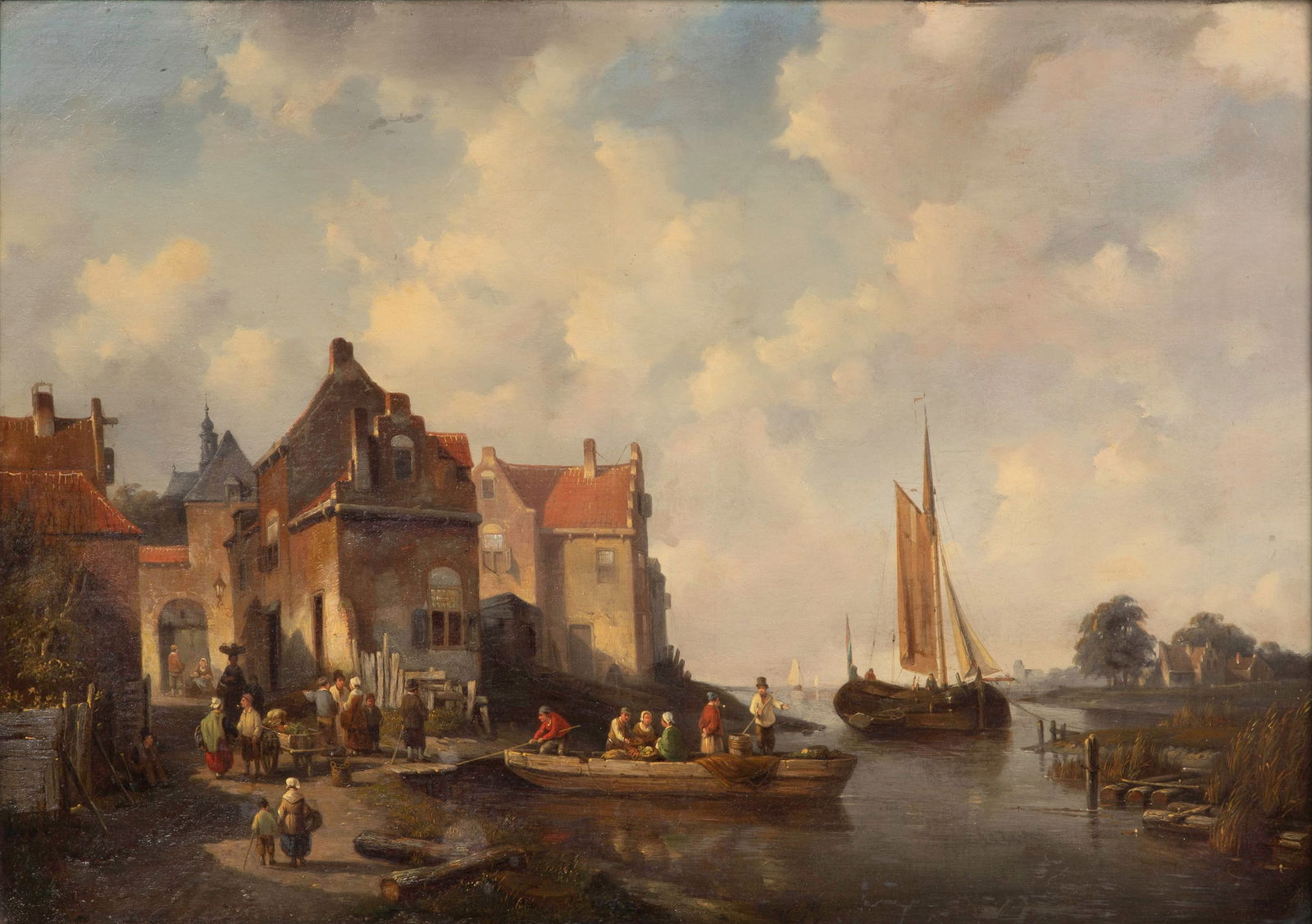 Attributed to Alfred Montague (British, 1832-1883) Oil on Canvas: Attributed to Alfred Montague (British, 1832-1883) Oil on Canvas Undated, unsigned, Dutch style waterfront scene, in a gold-tone composite on carved wood frame retaining a Carson Pirie Scott and