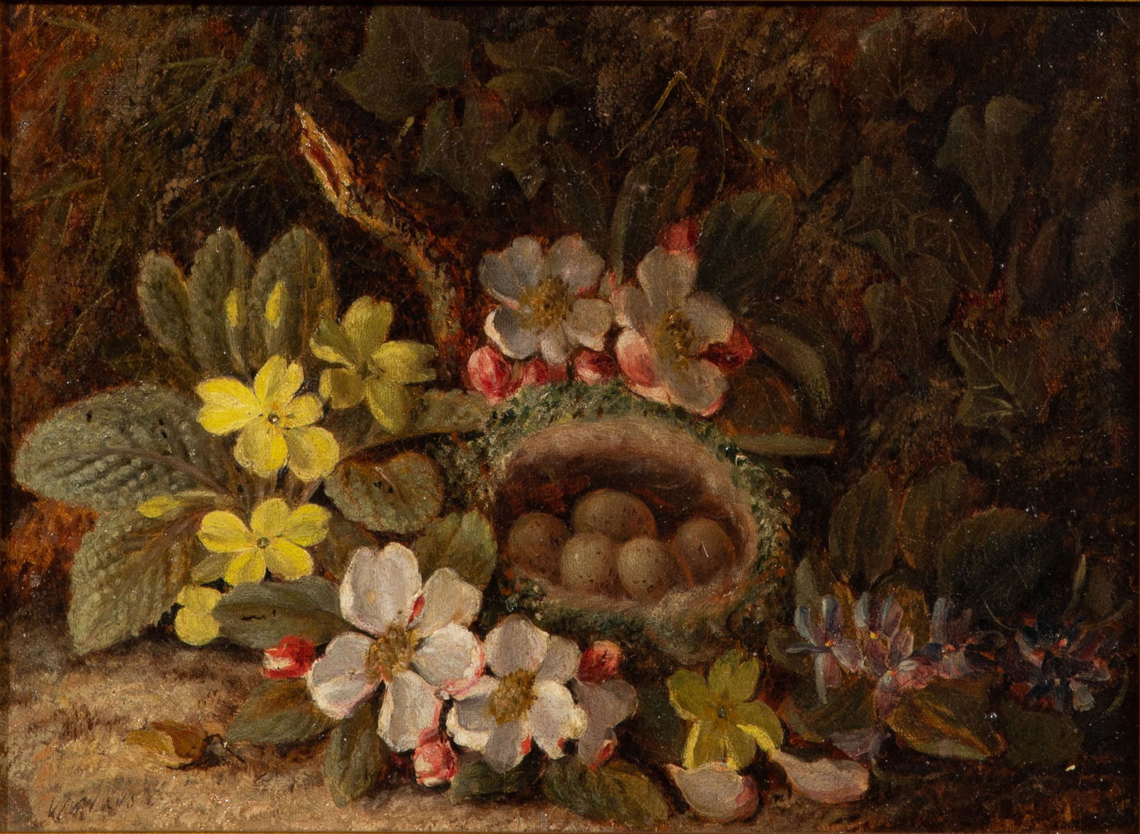 Attributed to Vincent Clare (British, 1853-1927) Oil on Canvas: Attributed to Vincent Clare (British, 1853-1927) Oil on Canvas Undated, illegibly signed, depicting flowers and a bird's nest having eggs on a mossy bank, in a gold gilt frame Property from: an Estate