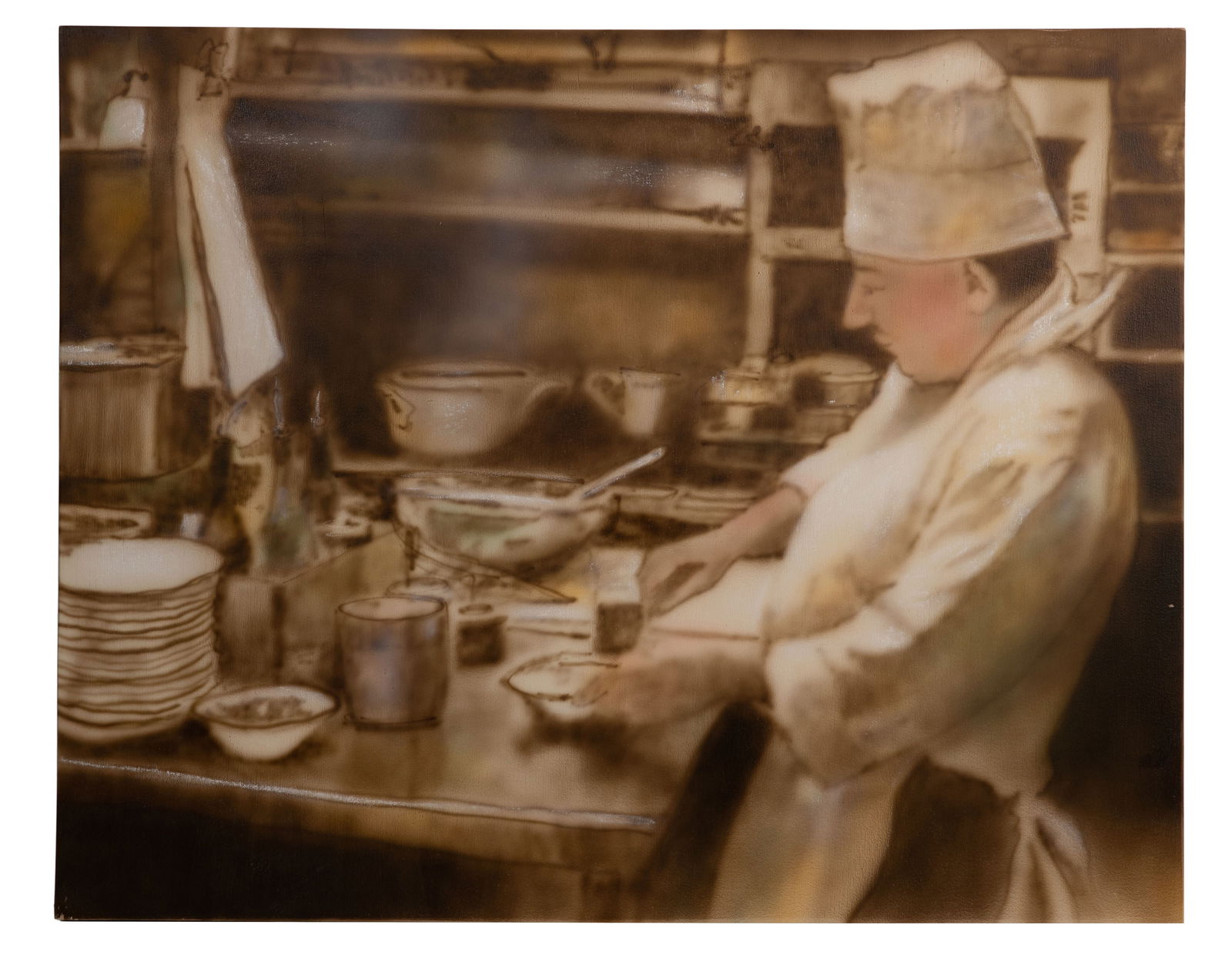 Robert Weil (American, b.1945) 'Hollywood' Oil on Panel: Robert Weil (American, b.1945) 'Hollywood' Oil on Panel 1997, signed, titled verso, depicting a chef in a kitchen setting at the Musso and Frank diner in Hollywood, unframed Property from: an Estate,