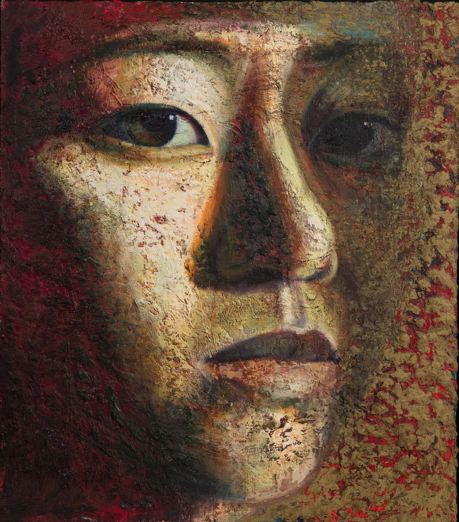 Susan Moore (American, 1953-2022) 'Portrait of Mirai Yasuyama II' Oil on Panel: Susan Moore (American, 1953-2022) 'Portrait of Mirai Yasuyama II' Oil on Panel 1996, unsigned, titled verso, a figurative textured work float framed, retaining original Locks Gallery, Philadelphia lab