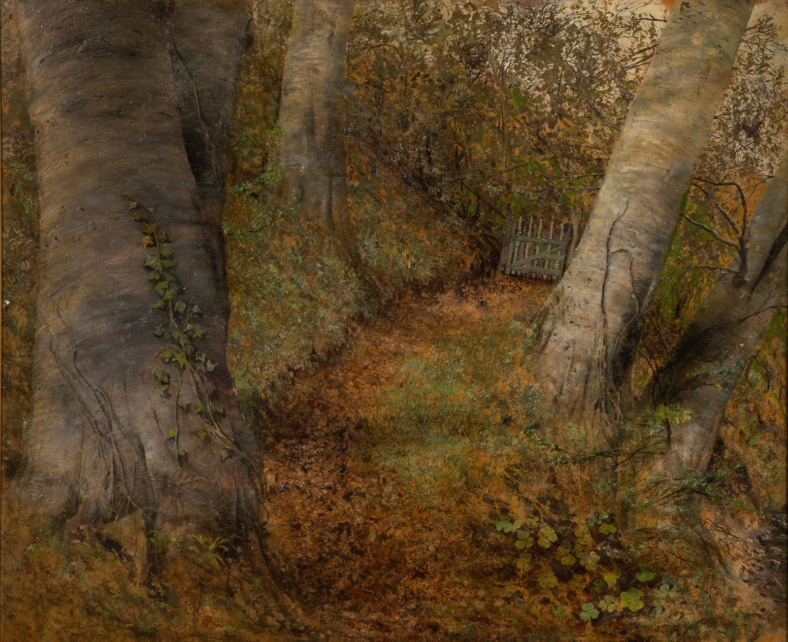 Unknown Artist (19th Century) Oil on Board: Unknown Artist (19th Century) Oil on Board Undated, unsigned, some illegible writing and 'Constable' verso, depicting a gate in a forest, in a gesso on wood frame Property from: an Estate, Glencoe, Il