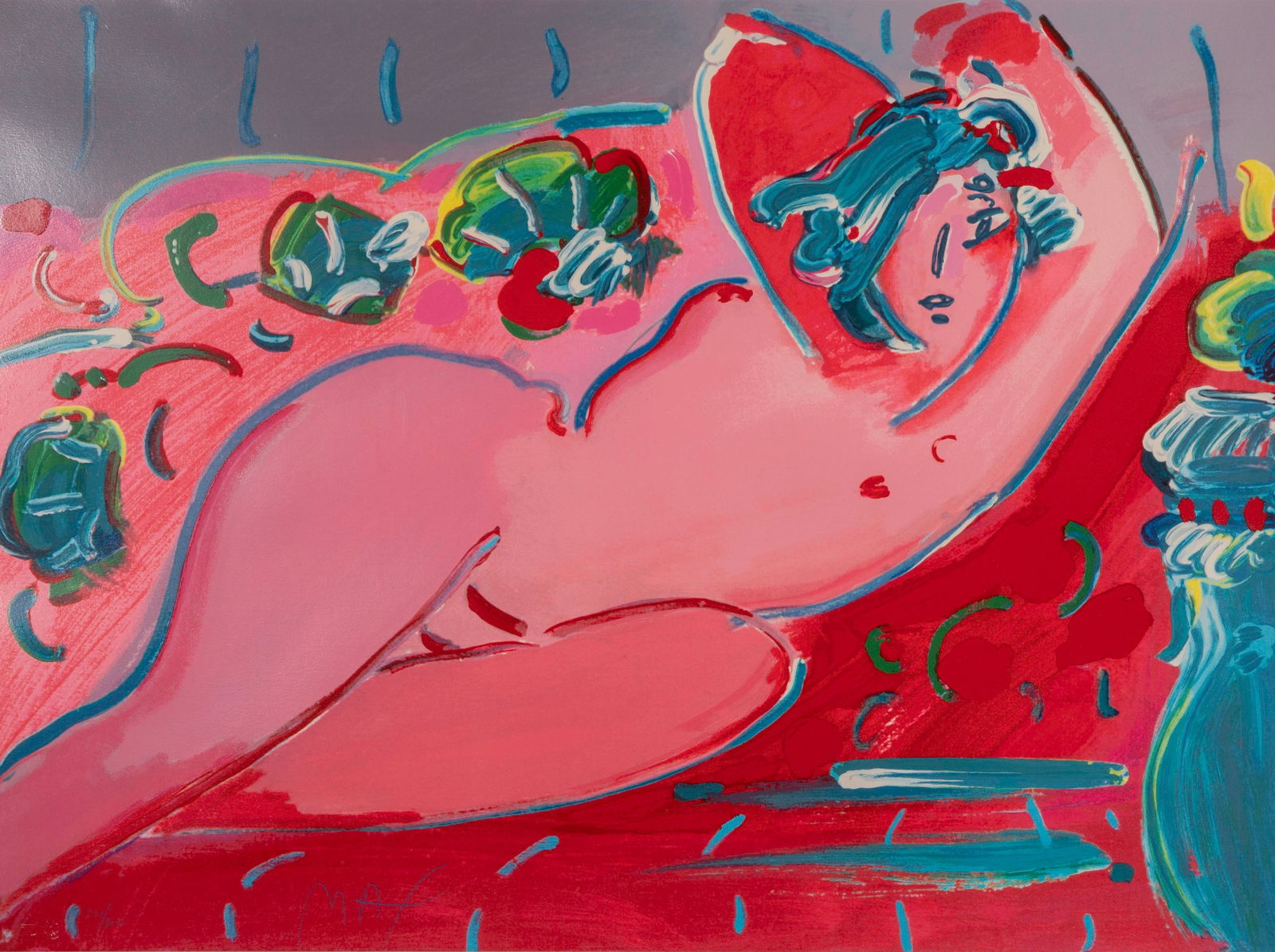 Peter Max (American, b.1937) 'Reclining in Red' Serigraph: Peter Max (American, b.1937) 'Reclining in Red' Serigraph Undated, signed, #227/300, depicting a recumbent nude, in a gold-tone metal frame Property from: a Private Collector, Arlington Heights, Illin