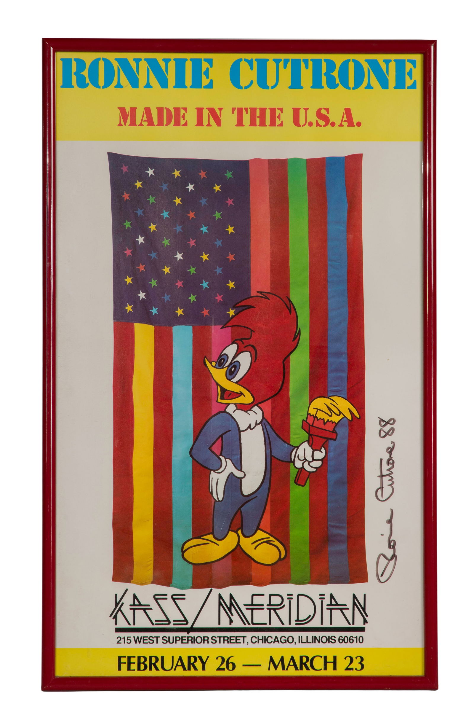 Ronnie Cutrone (American, 1948-2013) 'Made in the USA' Signed Poster: Ronnie Cutrone (American, 1948-2013) 'Made in the USA' Signed Poster 1988, ink signed, depicting Woody Woodpecker, in a red lacquer wood frame, retaining paperwork Property from: a Private Collector,