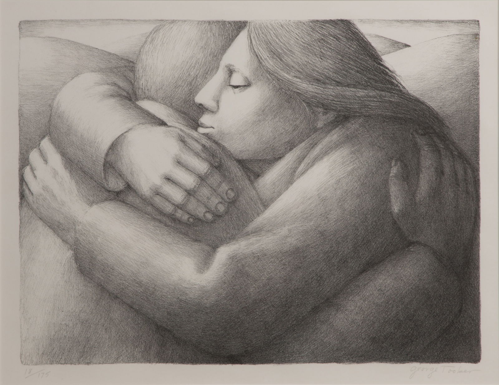 George Tooker (American, 1920-2011) 'The Embrace II' Lithograph: George Tooker (American, 1920-2011) 'The Embrace II' Lithograph 1984, signed, #18/175, matted under glass in a painted wood frame, retaining Gallery label verso Provenance: Museum of Contemporary Art,