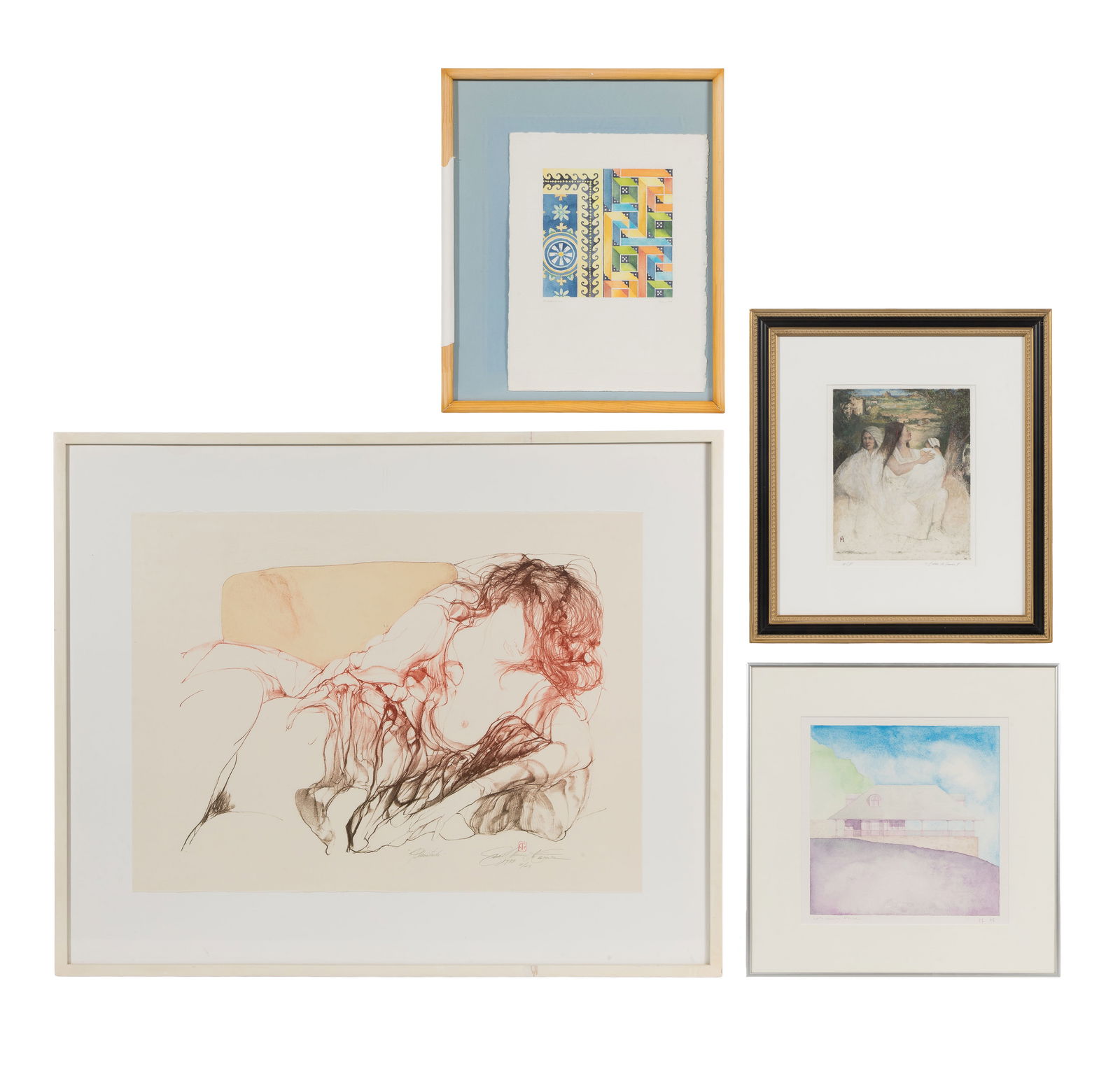 20th Century Works on Paper: 20th Century Works on Paper (4) items including a Guilherme Faria (Brazil, b.1942) lithograph depicting a recumbent nude, pencil signed and dated 1979, #7/28, float mounted behind acrylic in a white w