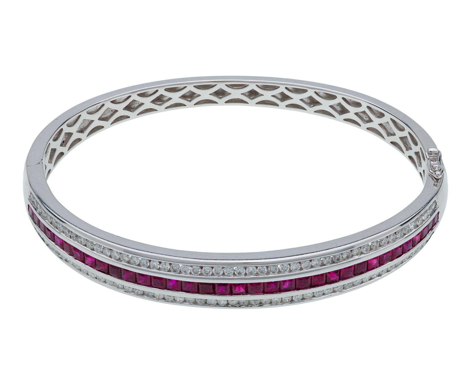 18k White Gold, Ruby and Diamond Hinged Bangle Bracelet (1 of 2)