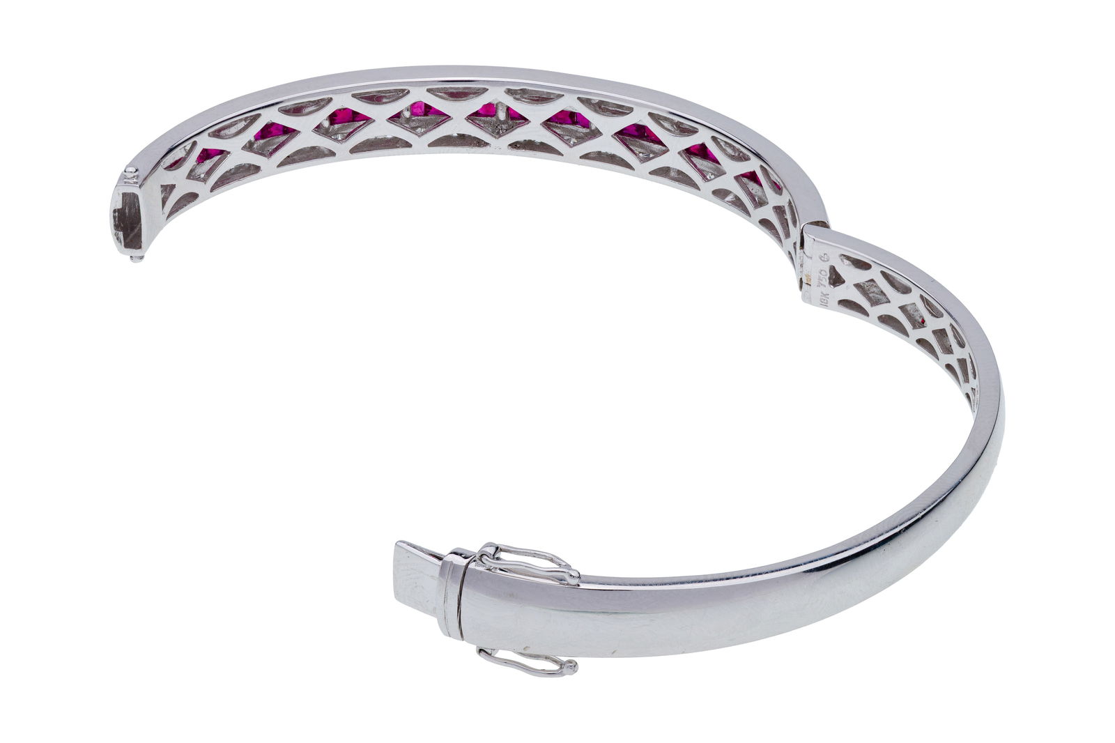 18k White Gold, Ruby and Diamond Hinged Bangle Bracelet - 2
