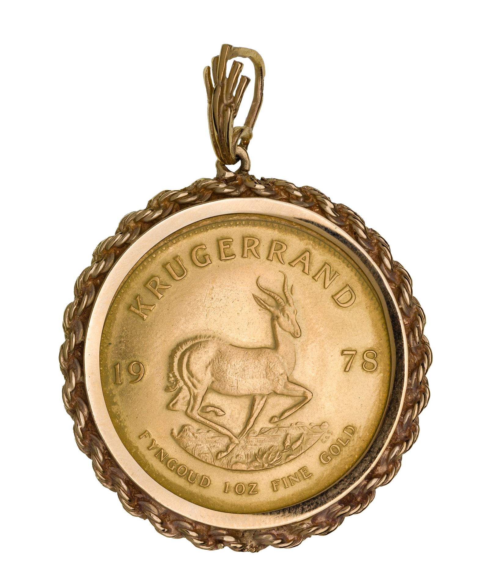 South Africa: 1978 Krugerrand 1oz. Fine Gold in 14k Yellow Gold Bail Pendant: South Africa: 1978 Krugerrand 1oz. Fine Gold in 14k Yellow Gold Bail Pendant Coin mounted in twisted rope bail (unmarked) Property from: a Private Collector, Randolph, Wisconsin Diameter: 1 1/2 inches