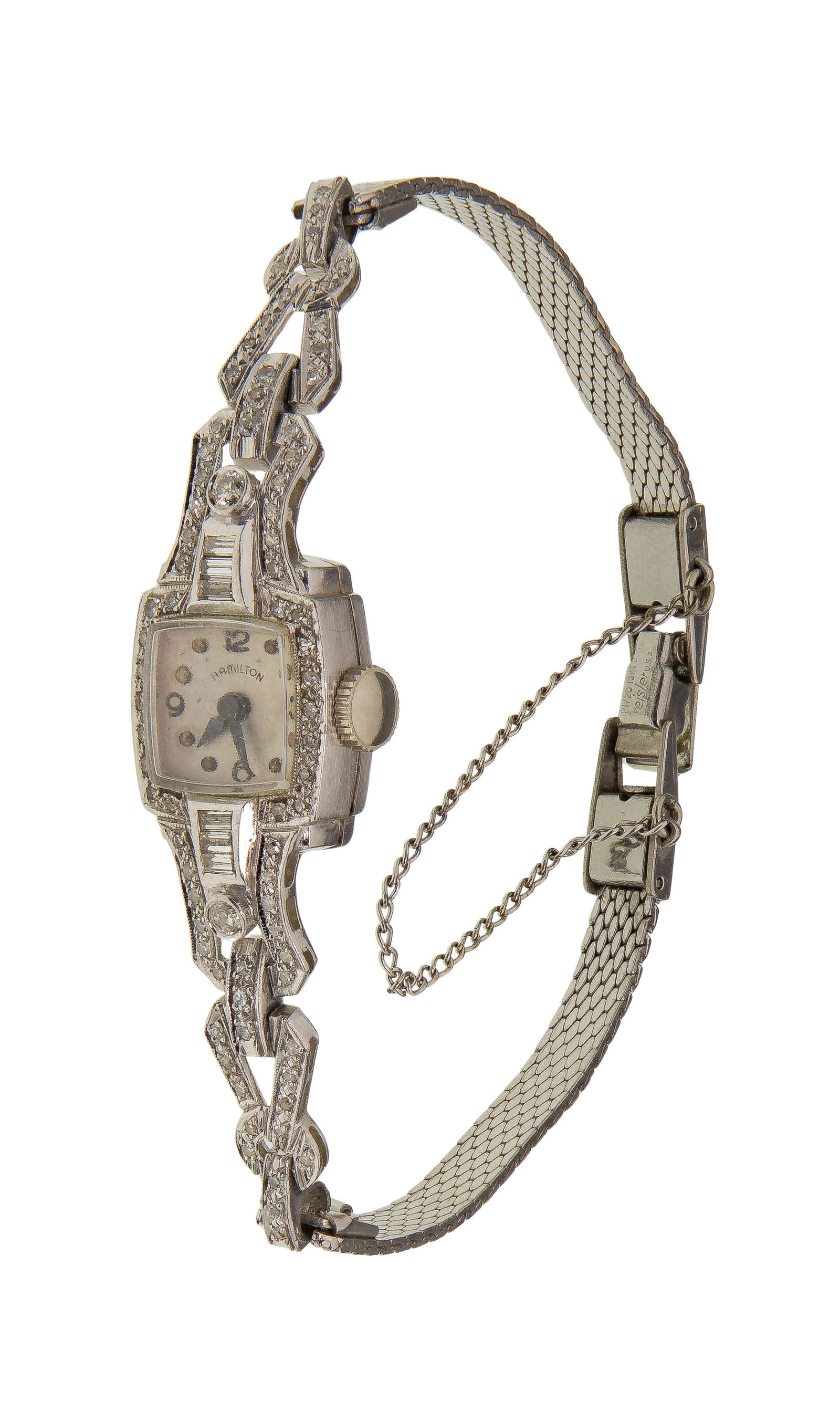 Hamilton Platinum Case and Shoulders Wristwatch: Hamilton Platinum Case and Shoulders Wristwatch A cocktail watch having a rectangular case, curved, faceted bezels, integrated and diamond embellished shoulders (marked '100 iridium 900 Platinum' on b