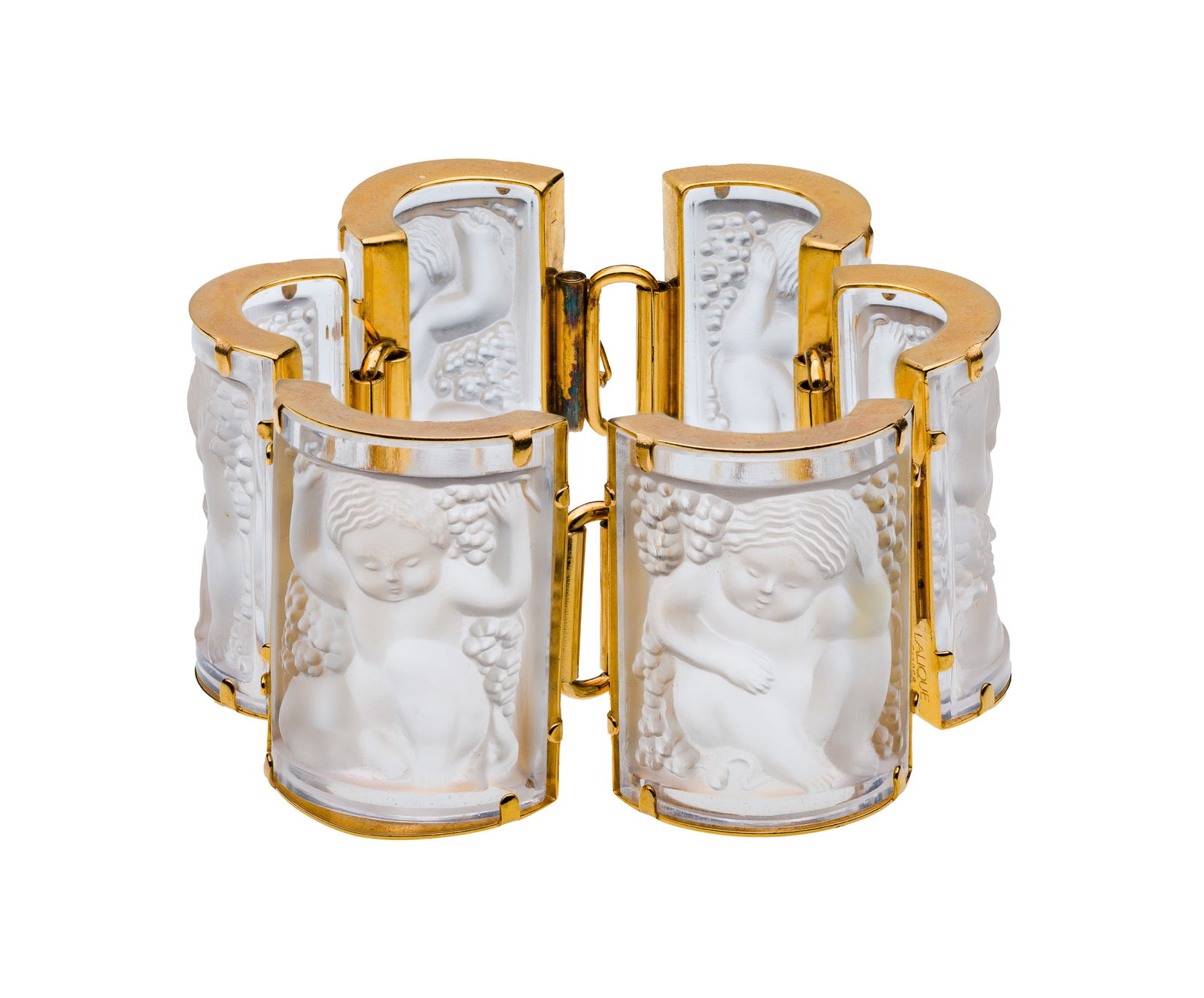 Lalique Crystal 'Nysa' Panel Bracelet: Lalique Crystal 'Nysa' Panel Bracelet Six rectangular and curved crystal 1.5 inch wide panels, each depicting a nymph, set in a gold-tone articulated mounting completed by a sliding clasp with figure-