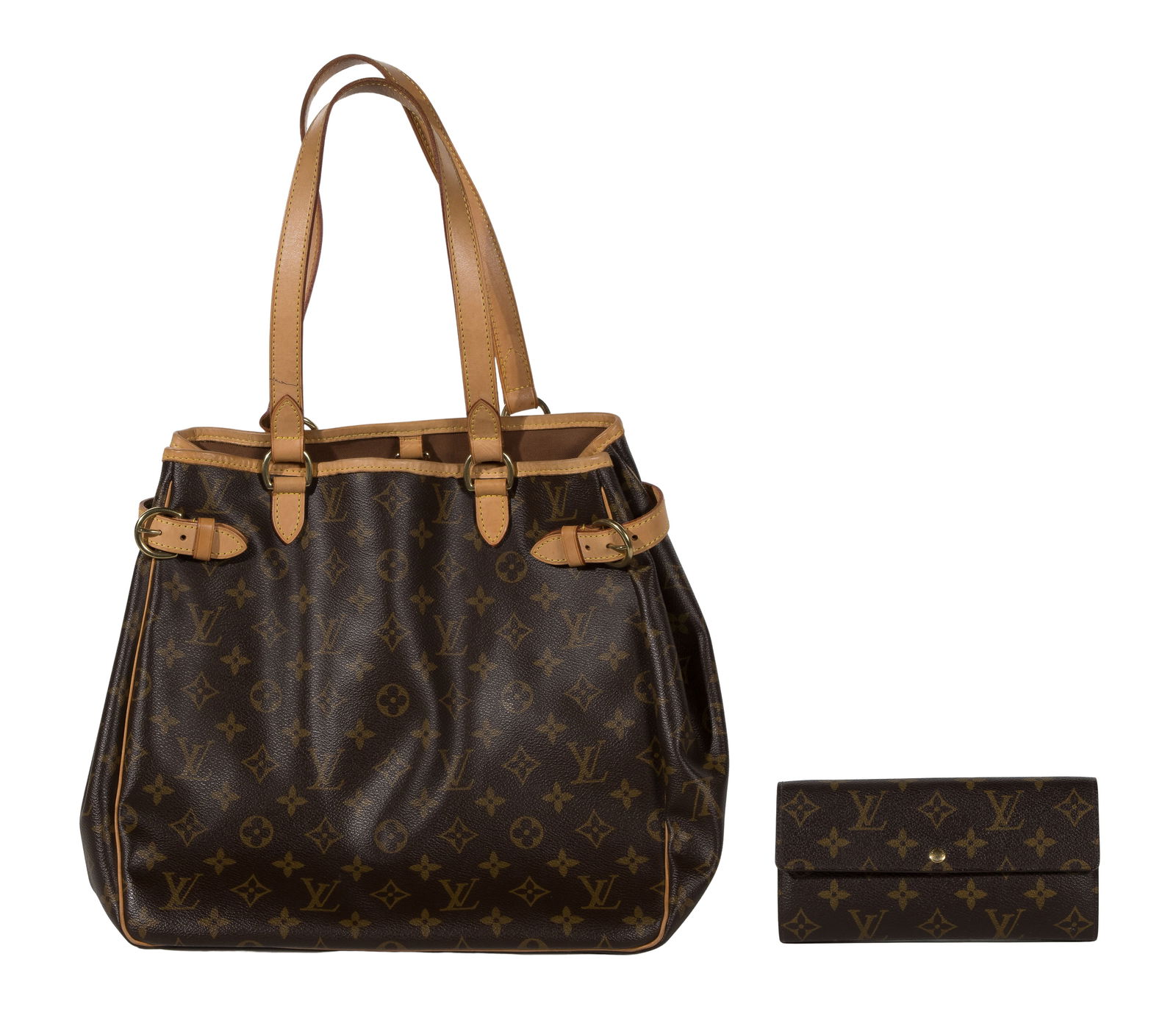 Louis Vuitton Handbag and Wallet: Louis Vuitton Handbag and Wallet (2) items including a vertical Batignolles monogrammed canvas handbag having Vachetta leather trim, gold-tone hardware, dual flat leather handles, brown canvas lining,