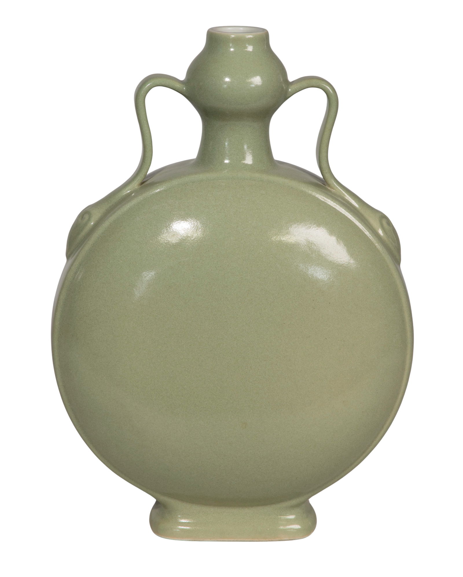 Chinese Porcelain Moon Flask Vase: Chinese Porcelain Moon Flask Vase Celadon glazed having double handles, marked with a blue underglaze seal from the Qing dynasty Property from: a Private Collector, Champaign, Illinois 