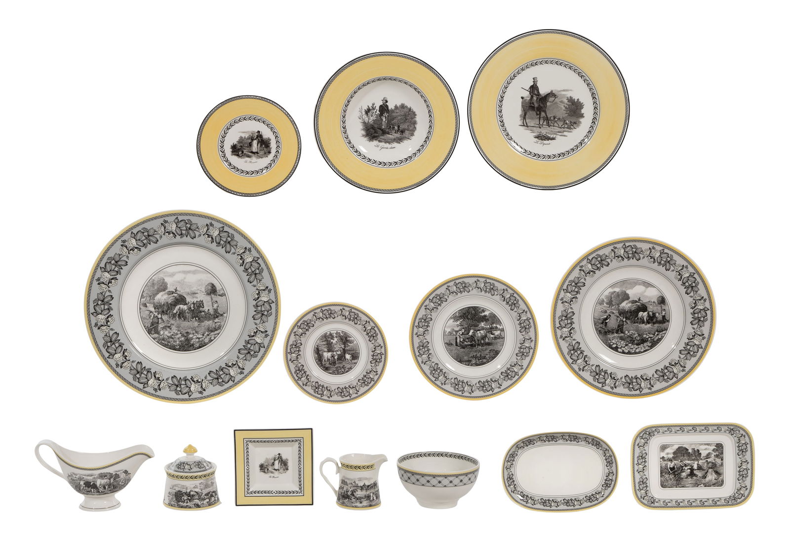 Villeroy & Boch China Assortment: Villeroy & Boch China Assortment An interchangeable combination of 'Auden Chasse' and 'Audun Ferme', (60) items including (14) 10 5/8-inch dinner plates, (18) 8 1/2-inch salad plates, (6) 7-inch