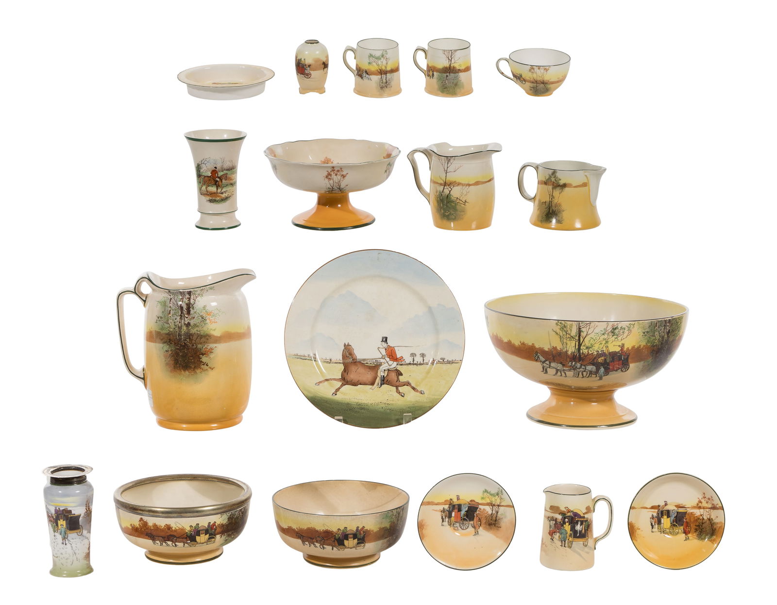 Royal Doulton Coaching Days Porcelain Assortment: Royal Doulton Coaching Days Porcelain Assortment (18) total items of various shapes, sizes, scenes and uses including pitchers, cups, saucers, bowls (some having gilt), vases and a plate, all
