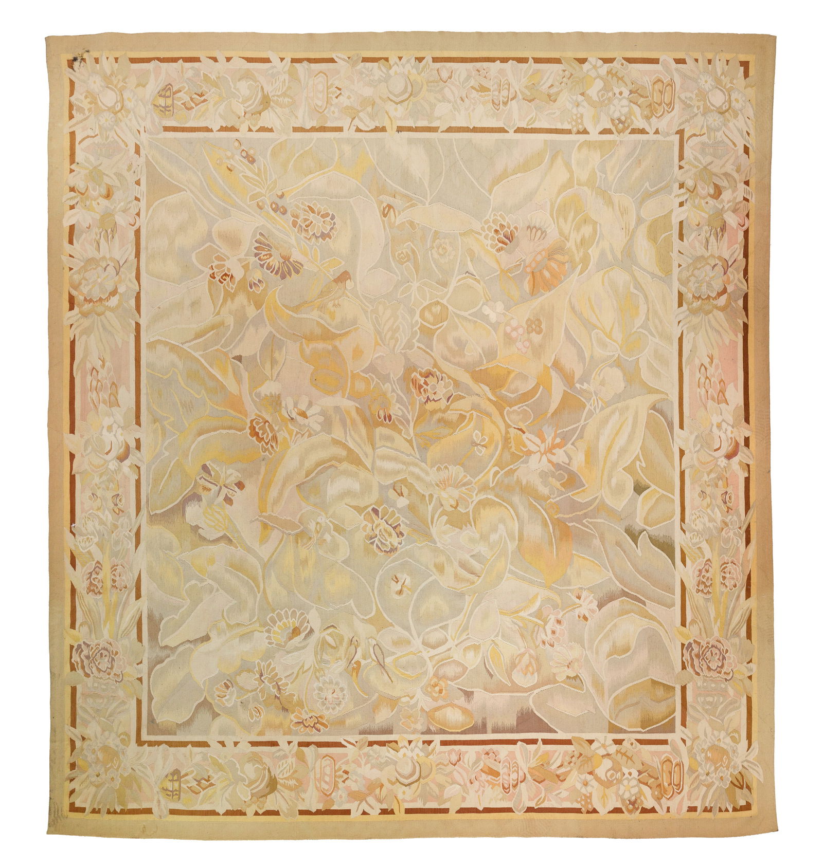 Aubusson Needlepoint Wool Rug: Aubusson Needlepoint Wool Rug A flat weave style in a floral design having hues of gold, pink, blue, gray, green and brown on a cream field Property from: an Estate, Glencoe, Illinois Rug Size: