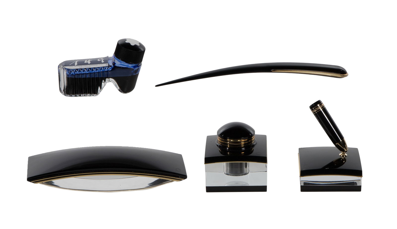 Montblanc Meisterstuck Desk Set: Montblanc Meisterstuck Desk Set (6) items including a #27149 pen stand, a #27100 ink well, a #27200 blotter, a #27210 box of blotter paper sheets, a letter opener and a bottle of #149 ink, all