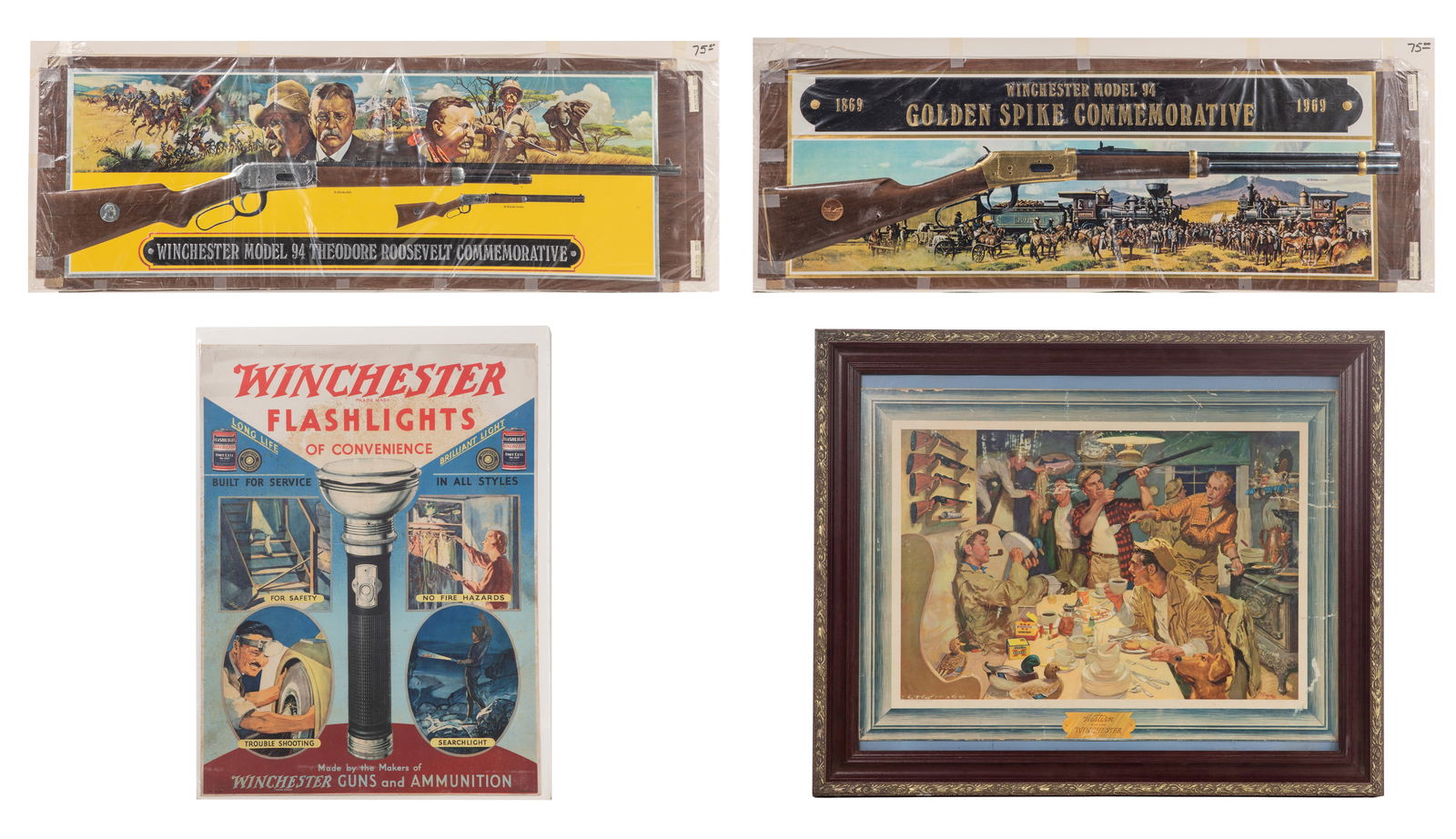 Winchester Cardboard Sign Assortment: Winchester Cardboard Sign Assortment (4) items including a Model 94 Theodore Roosevelt Commemorative, Model 94 Golden Spike Commemorative, a Flashlights of Convenience and a 1954 Western Breakfast