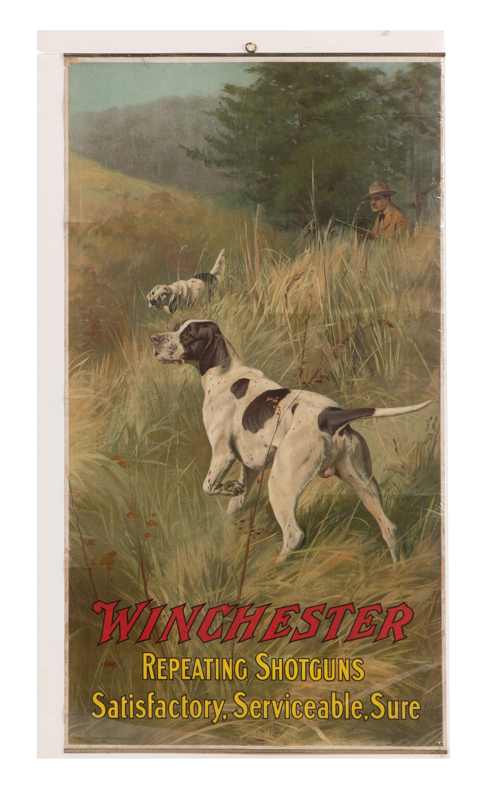Gustav Muss-Arnolt Winchester Repeating Shotguns Poster: Gustav Muss-Arnolt Winchester Repeating Shotguns Poster 1914, Gustav Muss-Arnolt poster advertising a Winchester shotgun depicting two dogs in the grassy field and a hunter in the background, a
