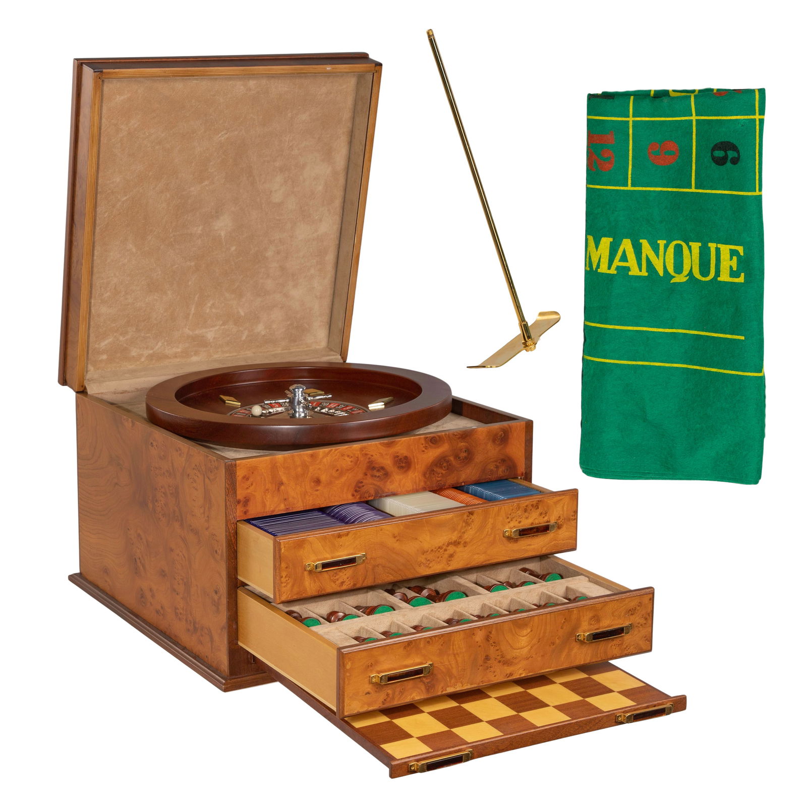 Neiman Marcus Briarwood Game Box: Neiman Marcus Briarwood Game Box Having a roulette wheel, a felt casino layout, a two-piece rake, assorted color place markers, a chess piece set with board, (2) sets of dice and (2) decks of