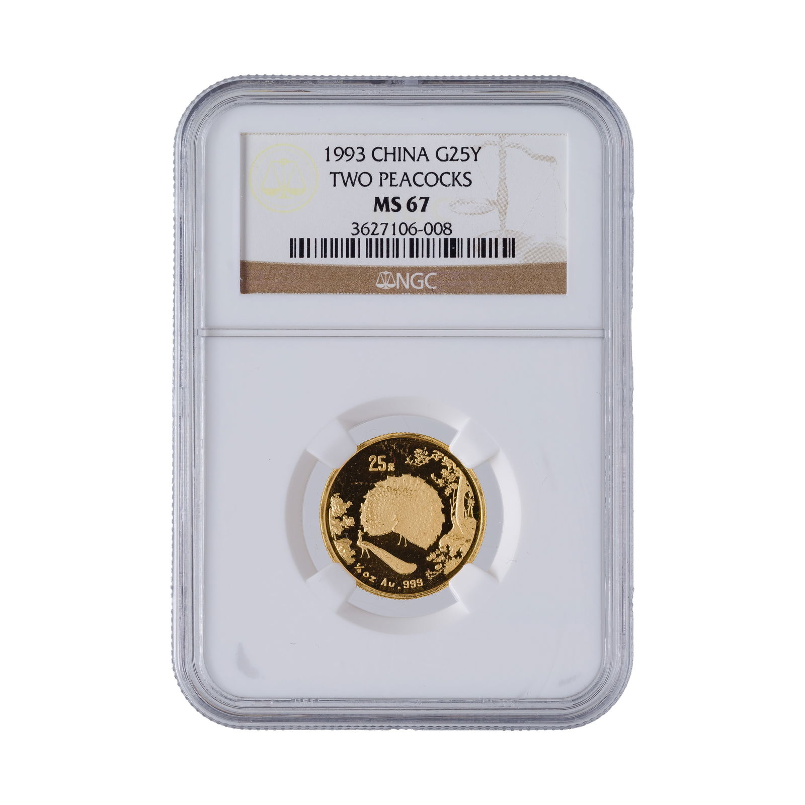 China: 1993 Two Peacocks 25 Yuan Gold MS-67 NGC: China: 1993 Two Peacocks 25 Yuan Gold MS-67 NGC Property from: a Private Collector, Randolph, Wisconsin Category: World Coins & Currency > World Coins Estimated Sale Time: 1:27 pm CST 