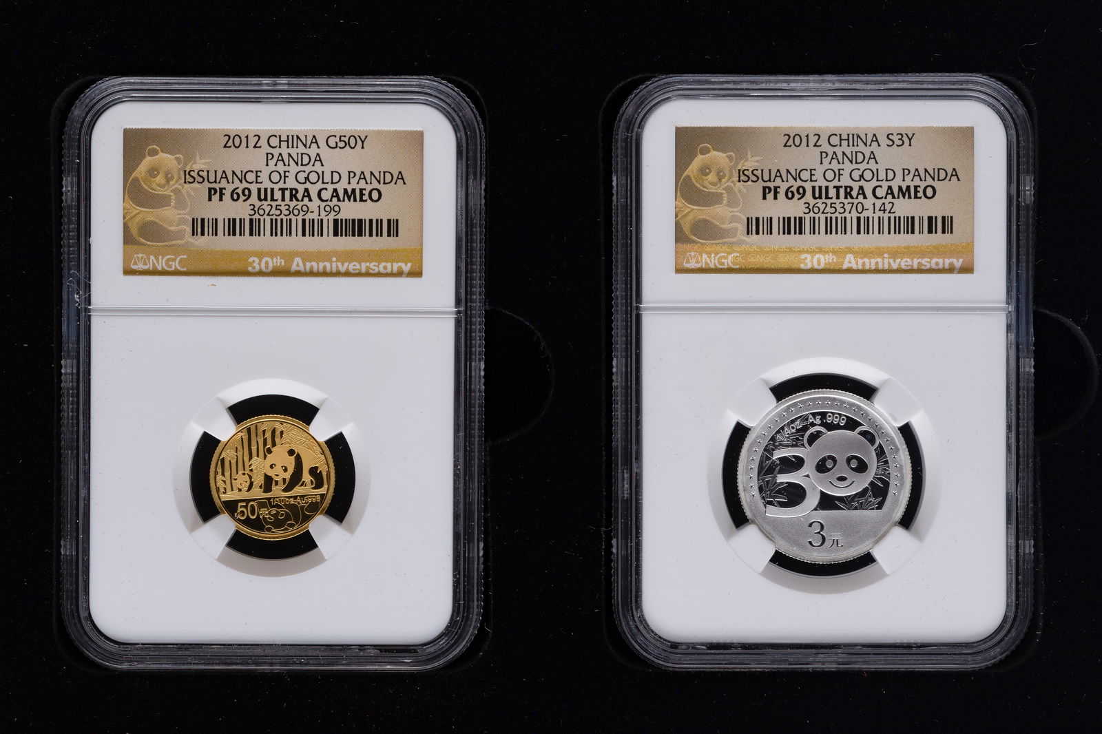 China: 2012 50 Yuan Gold and 3 Yuan Silver Panda Set PF-69 UCAM NGC: China: 2012 50 Yuan Gold and 3 Yuan Silver Panda Set PF-69 UCAM NGC (2) coins including a .999 fine gold 1/10oz and a .999 fine silver 1/4oz, presentation box and paperwork Property from: a