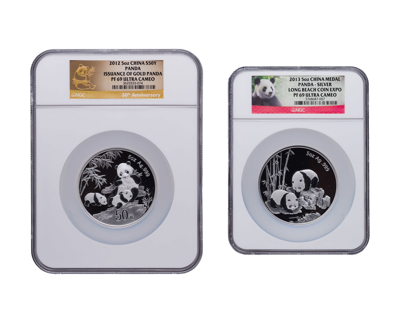 China: 2012 and 2013 50 Yuan .999 Fine Silver Panda Coins PF-69 UCAM NGC: China: 2012 and 2013 50 Yuan .999 Fine Silver Panda Coins PF-69 UCAM NGC (2) 5oz silver medals, including a presentation box Property from: a Private Collector, Randolph, Wisconsin Category: