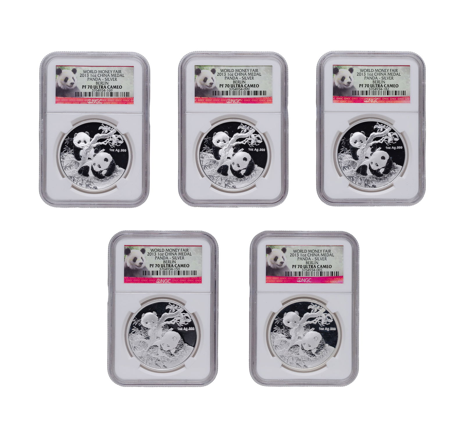 China: 2013 1oz Fine Silver World Money Fair PF-70 UCAM NGC Collection: China: 2013 1oz Fine Silver World Money Fair PF-70 UCAM NGC Collection (5) panda themed coins Property from: a Private Collector, Randolph, Wisconsin Category: World Coins & Currency > World