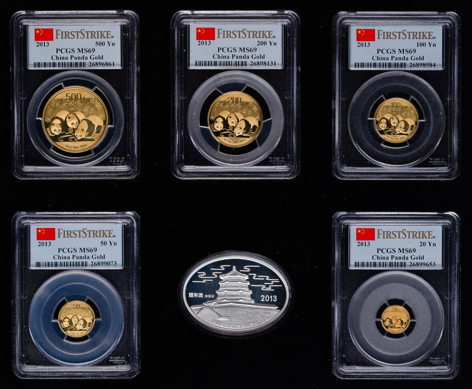 China: 2013 Prestige Panda Gold First Strike Set MS-69 PCGS: China: 2013 Prestige Panda Gold First Strike Set MS-69 PCGS (5) coins including a 500 YN 1 oz, a 200 YN 1/2oz, 100 YN 1/4oz, a 50 YN 1/10oz and 20 YN 1/20oz (all marked .999 fine gold) and a .999 fine