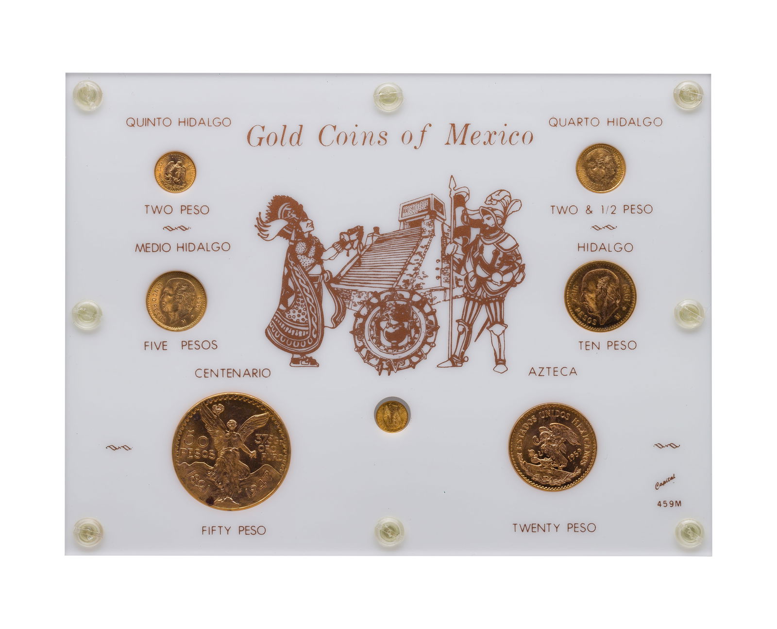 Mexico: Gold Peso Type Set: Mexico: Gold Peso Type Set (6) coins including a 50 peso, a 20 peso, a 10 peso, a 5 peso, a 2 1/2 peso and a 2 peso, in a plastic holder and box Property from: a Private Collector, Randolph,