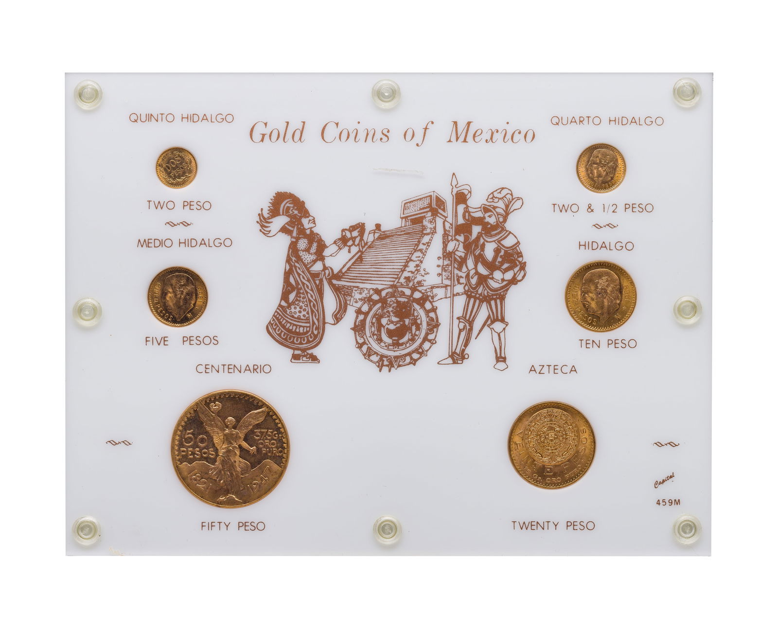 Mexico: Gold Peso Type Set: Mexico: Gold Peso Type Set (6) coins including a 50 peso, a 20 peso, a 10 peso, a 5 peso, a 2 1/2 peso and 2 peso, in a plastic holder and box Property from: a Private Collector, Randolph,