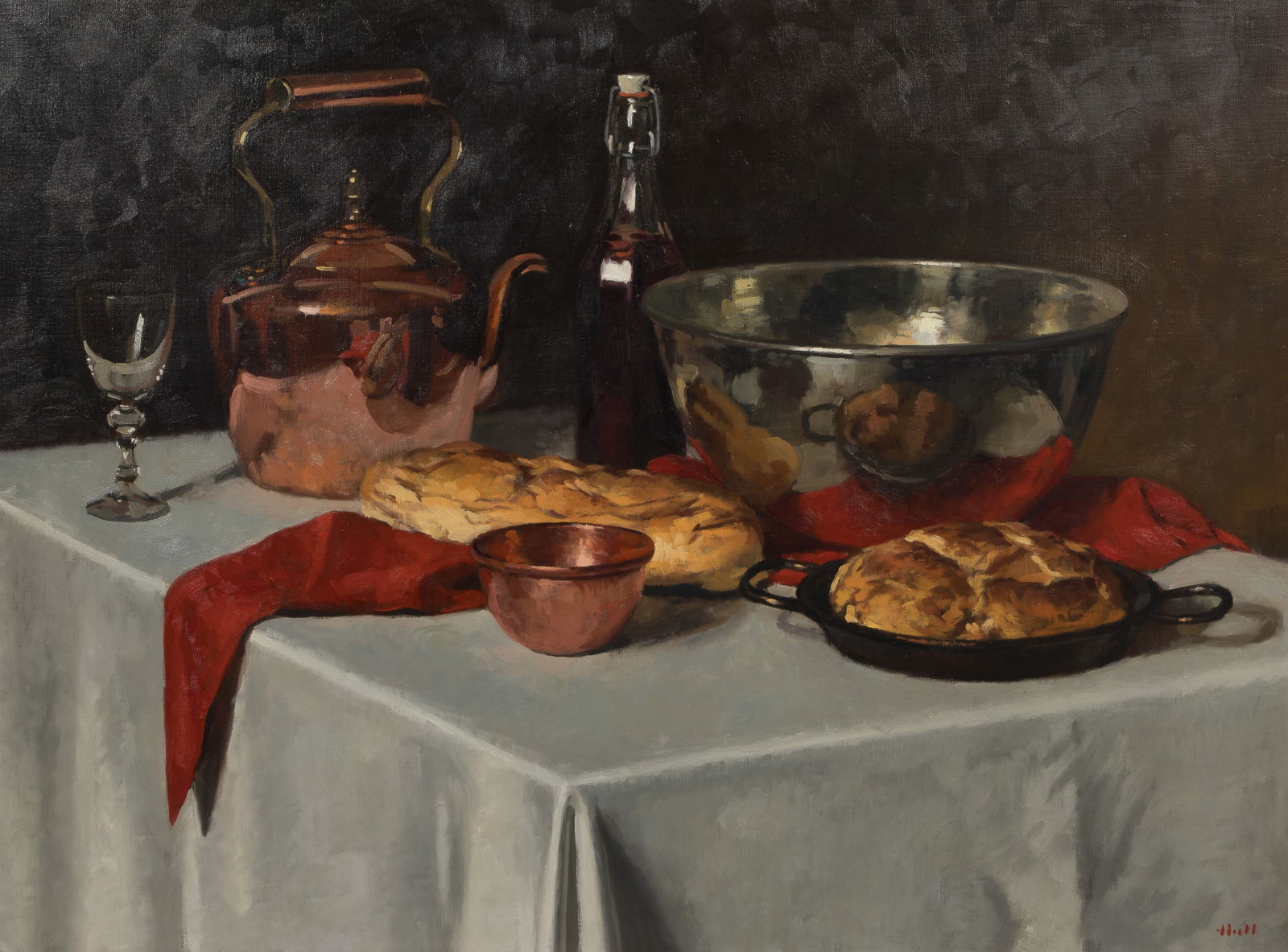 Gregory Hull (American, b.1950) Oil on Canvas: Gregory Hull (American, b.1950) Oil on Canvas Undated, signed lower right, depicting a table having vessels and food, in a gold-tone wood frame having a linen liner and brass artist label Property fro