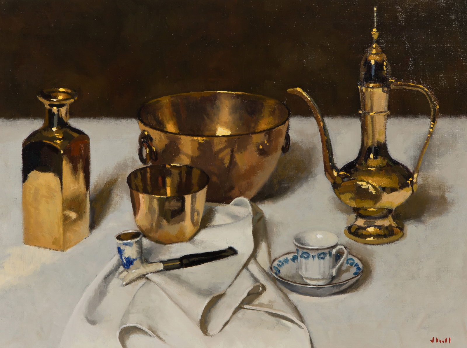 Gregory Hull (American, b.1950) Oil on Canvas: Gregory Hull (American, b.1950) Oil on Canvas Undated, signed lower right, depicting brass tableware, a pipe and a cup and saucer on a tablecloth, in a gold-tone wood frame having a linen liner Proper