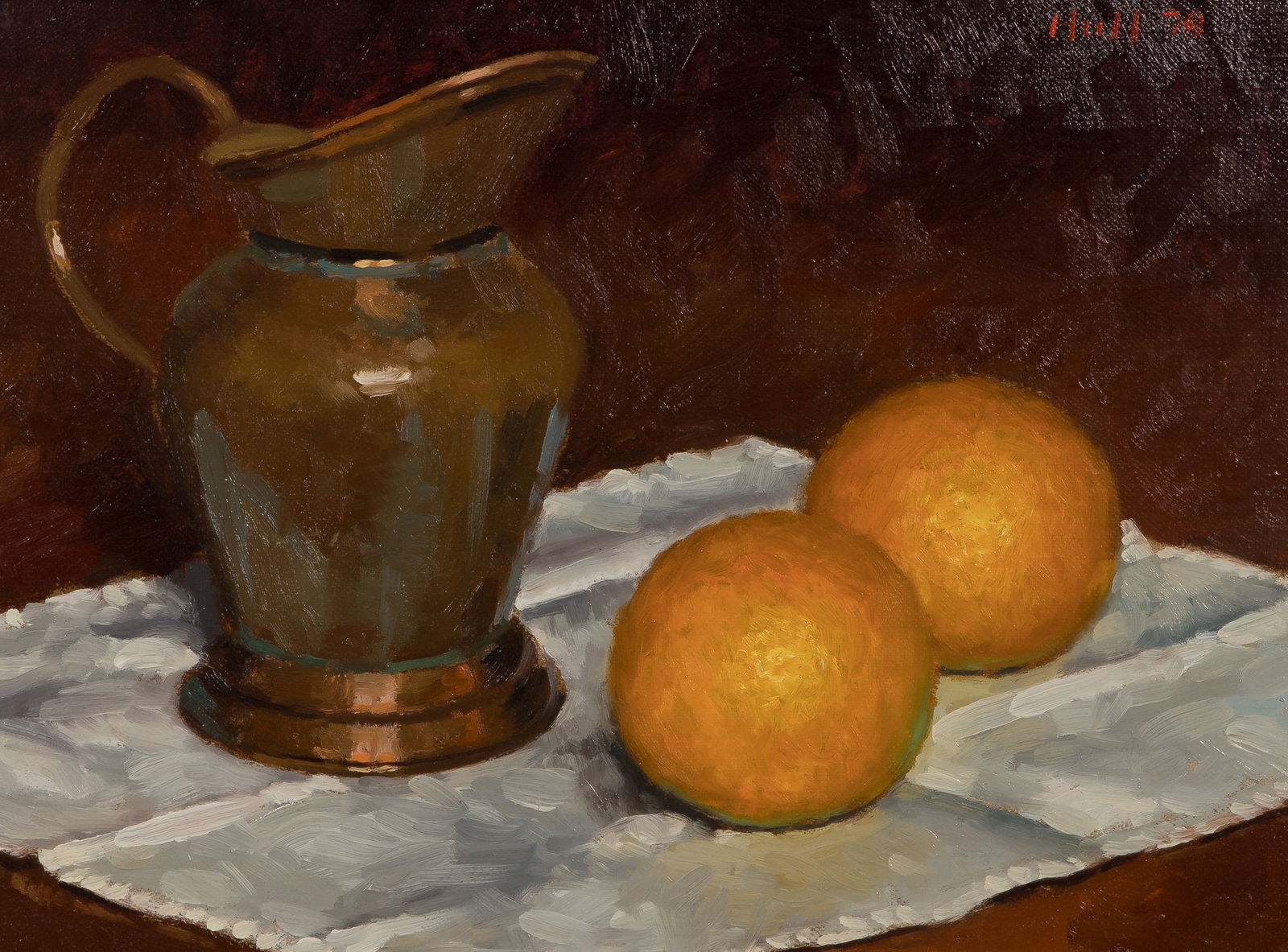 Gregory Hull (American, b.1950) Oil on Canvas: Gregory Hull (American, b.1950) Oil on Canvas 1979, signed upper right, depicting a pitcher and oranges, in a gold-tone wood frame having a linen liner and brass artist label Property from: an Estate,