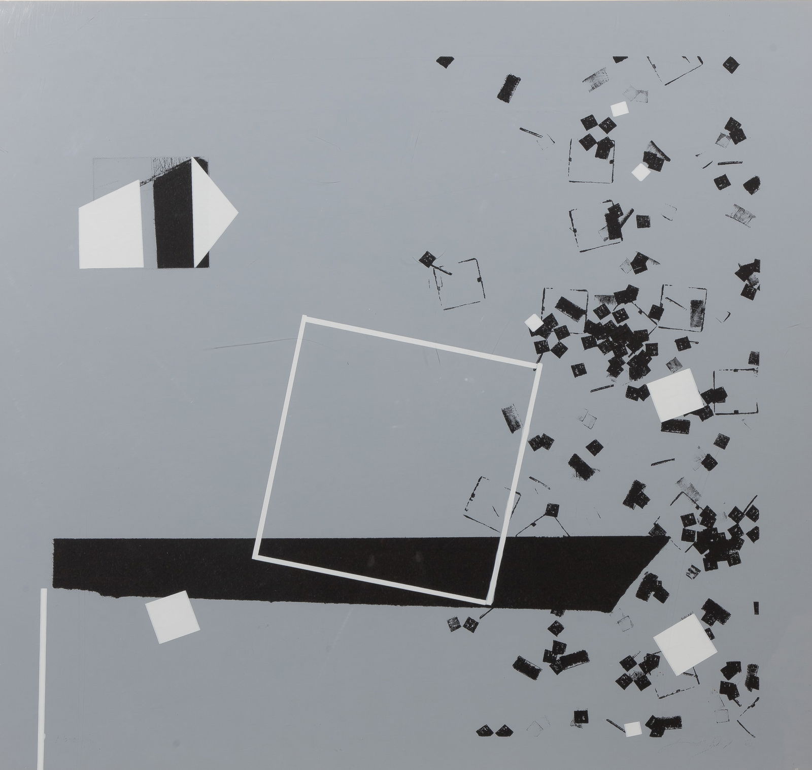 Unknown Artist (20th Century) Lithograph: Unknown Artist (20th Century) Lithograph 1986, illegibly signed, an abstract on foam core having black and white shapes and fragmented patterns, floated under acrylic in a silver-tone metallic frame P