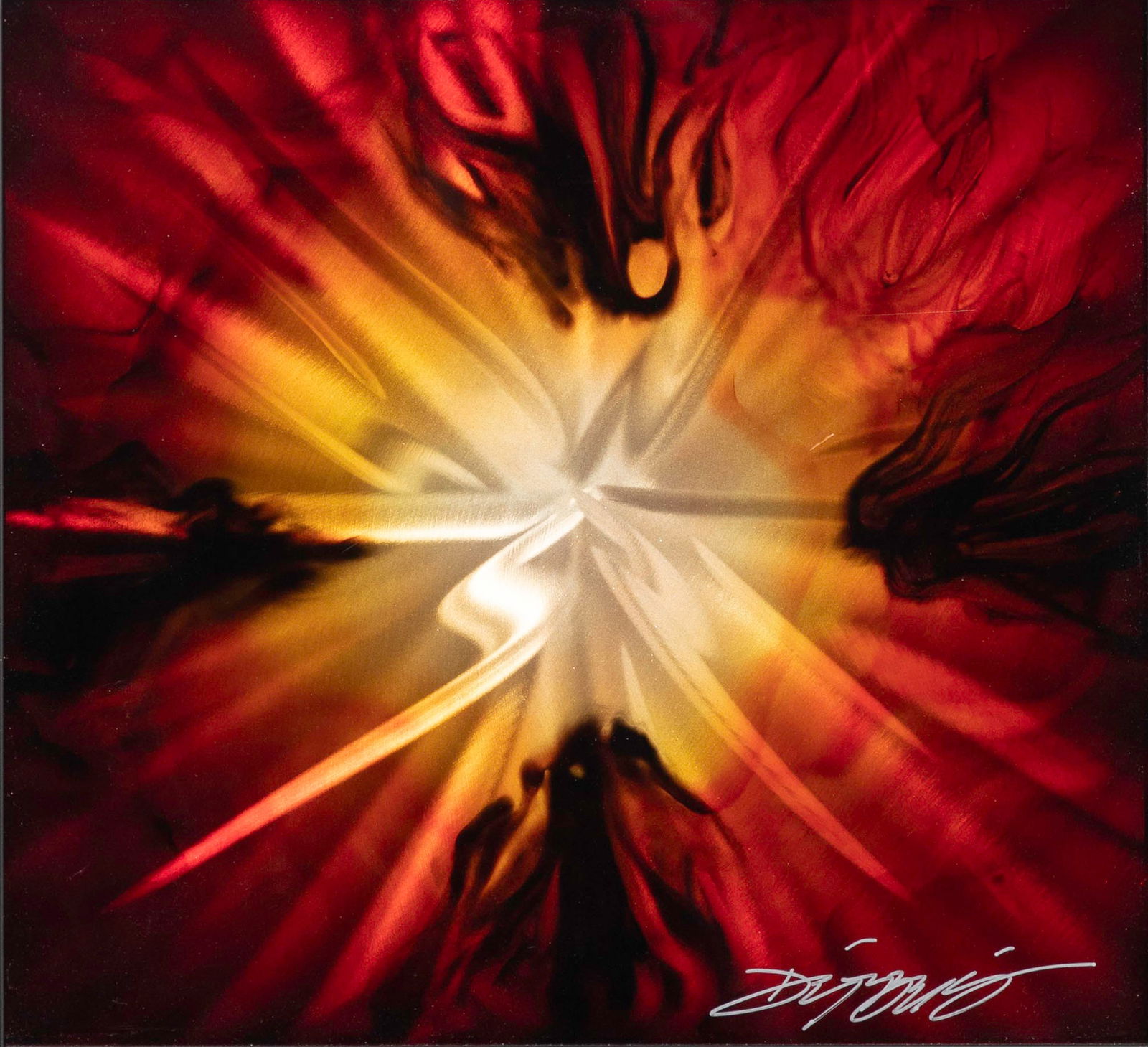 Chris Derubeis (American, b.1987) 'Mini Red Burst' Mixed Media on Aluminum: Chris Derubeis (American, b.1987) 'Mini Red Burst' Mixed Media on Aluminum Undated, signed, an abstract burst, shimmers and shifts in appearance depending on the viewing angle, filleted and matted und