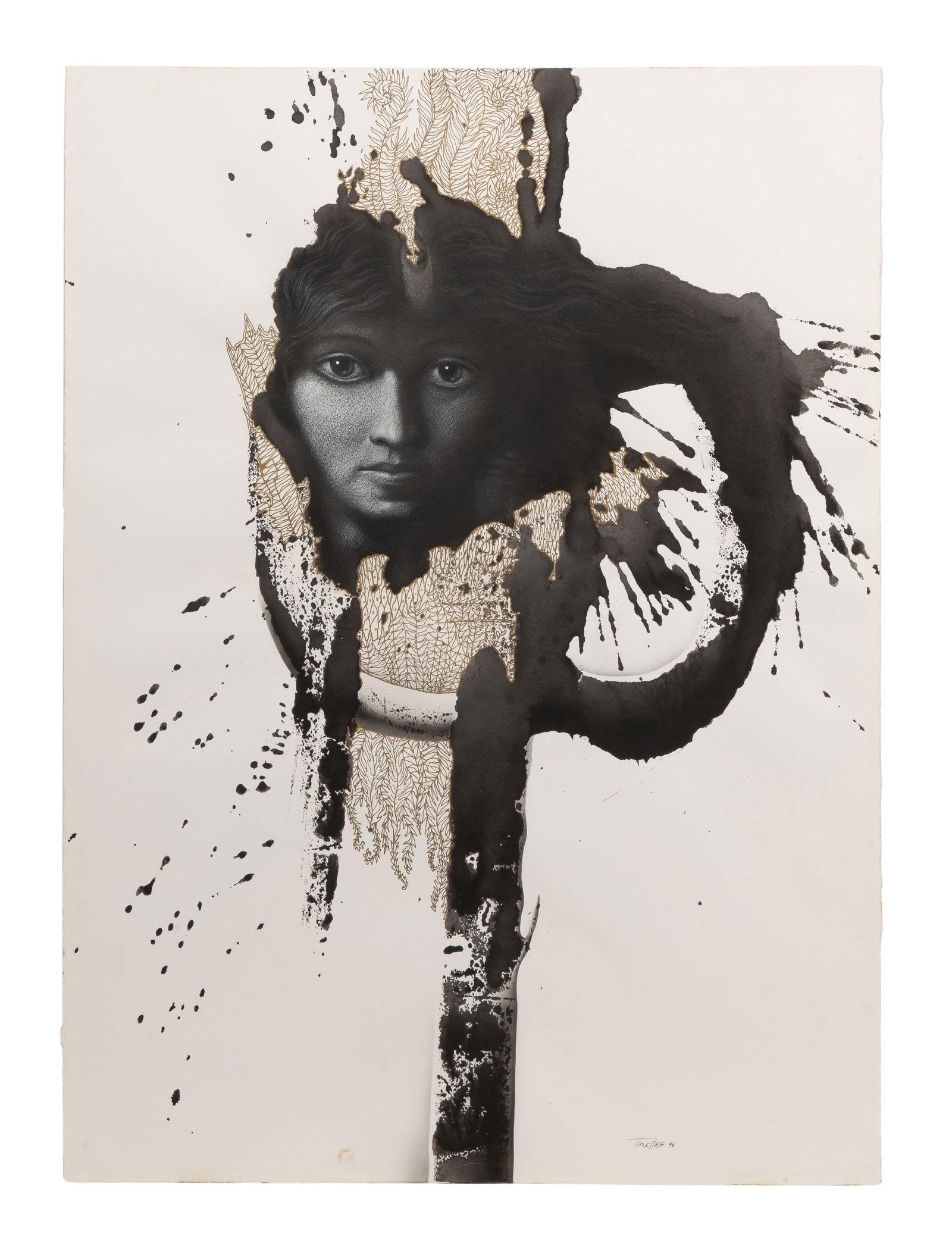Rafael Trelles (American, b.1957) Ink on Paper: Rafael Trelles (American, b.1957) Ink on Paper 1990, ink signed and dated lower right, Utrecht paper blind stamp lower left, depicting a face emerging from sepia and black ink abstract work, unframed
