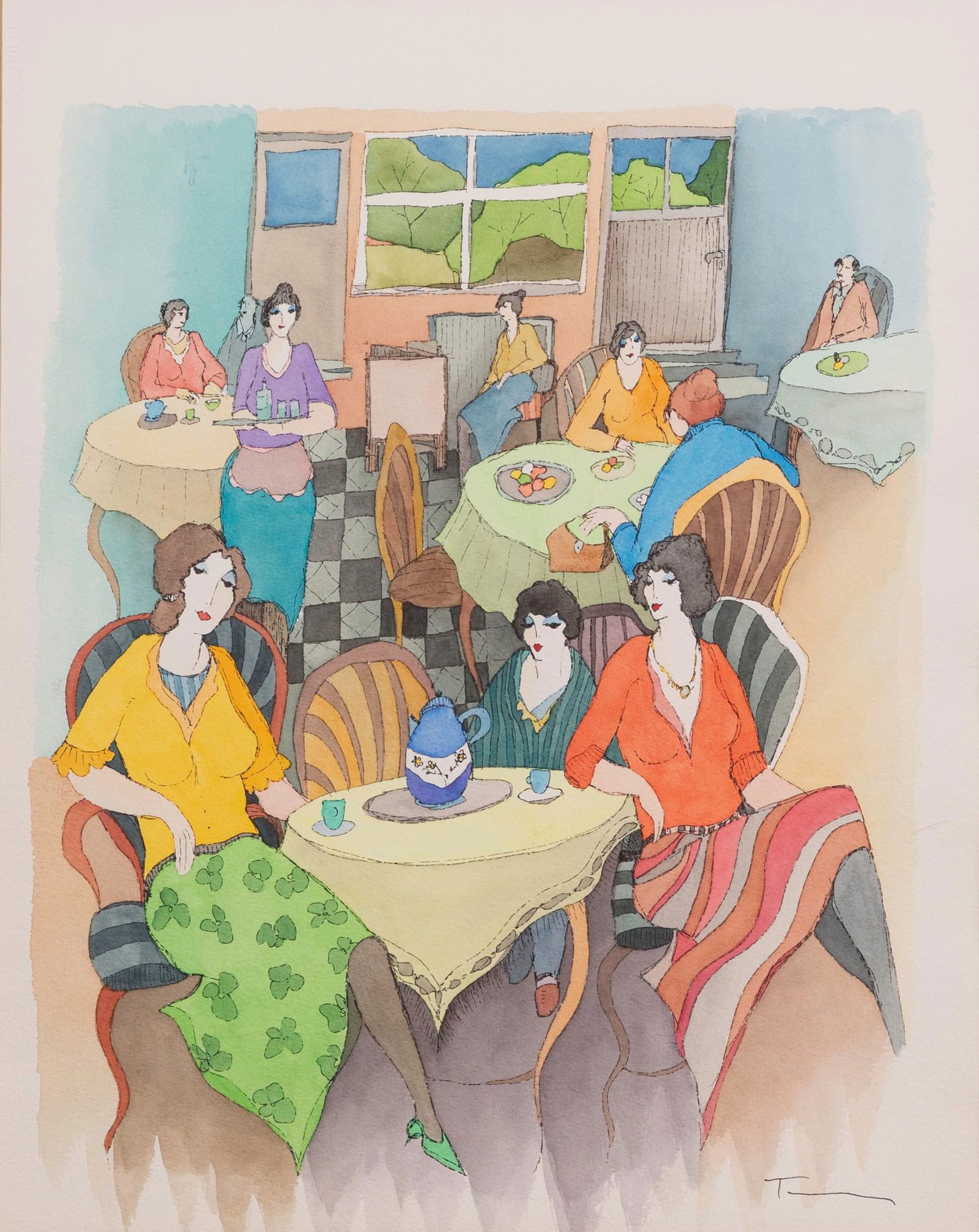 Itzchak Tarkay (Israeli, 1935-2012) 'Dinner at the Club' Mixed Media on Paper (1 of 2)