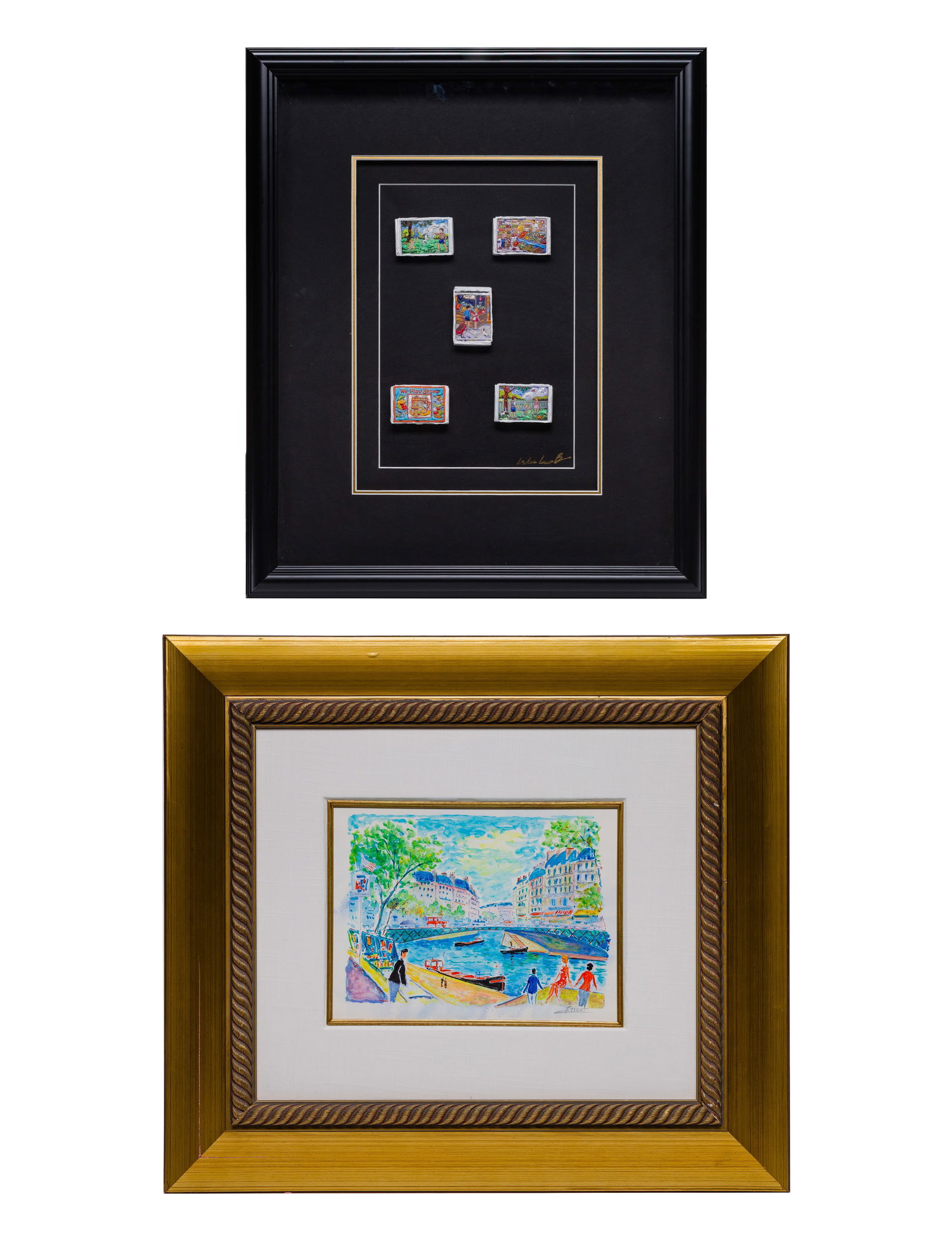 Leslie Lew (American, b.1953) Dick and Jane Matchbox Series Mixed Media: Leslie Lew (American, b.1953) Dick and Jane Matchbox Series Mixed Media (2) total items including an undated, signed construction having five painted matchboxes float mounted in a black shadow box