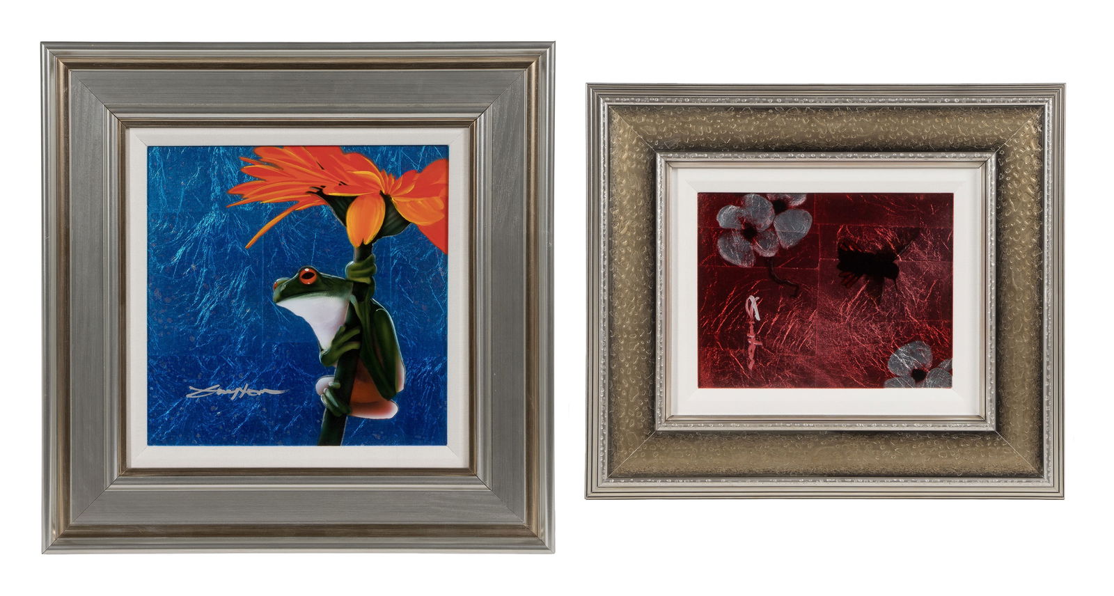 Patrick Guyton (American, b.1964) Mixed Media Assortment: Patrick Guyton (American, b.1964) Mixed Media Assortment (2) undated items, signed, silver leaf on aluminum, including 'Gimme Shelter' depicting a frog hanging from an orange blossom against a texture