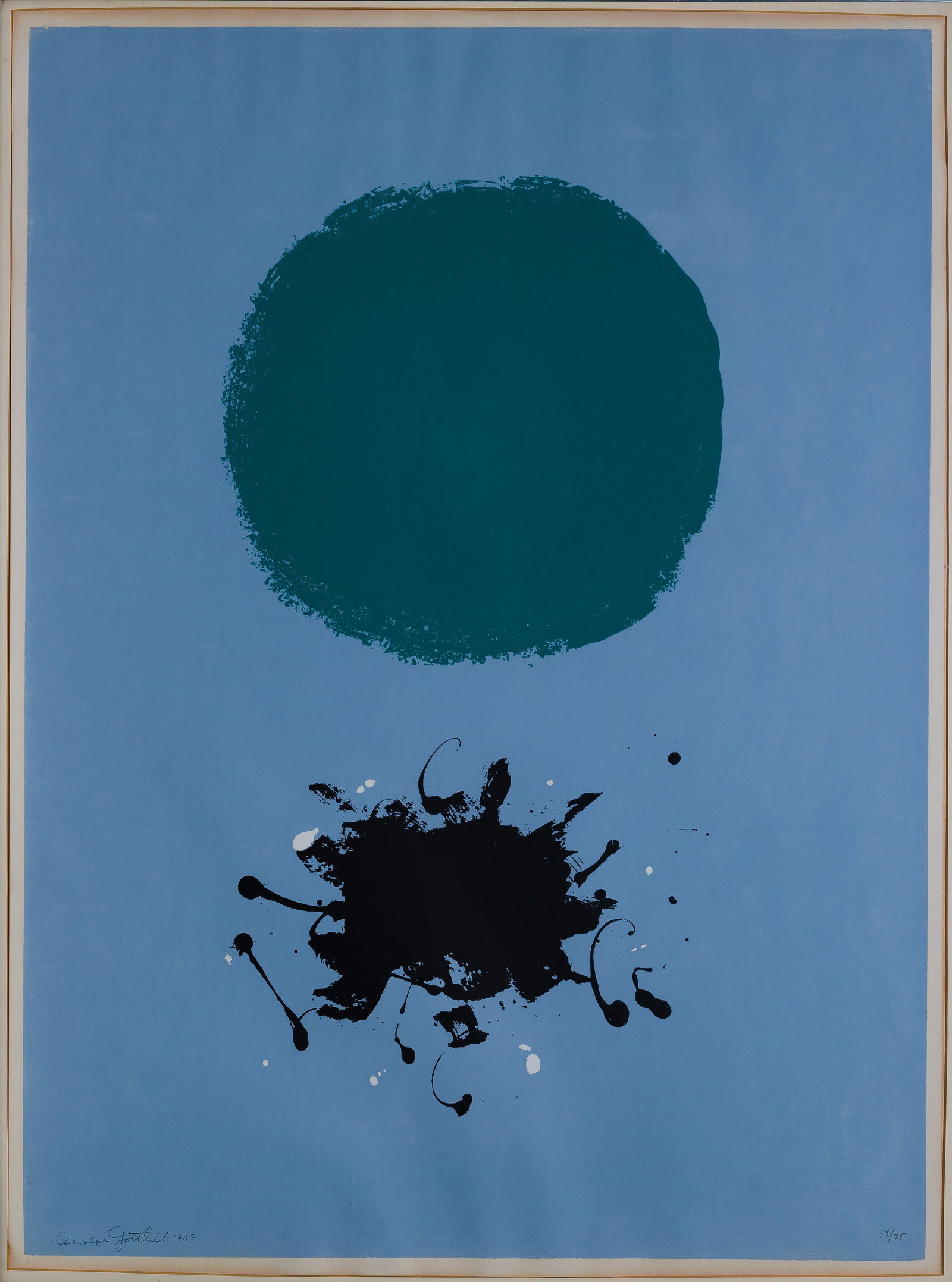 Adolph Gottlieb (American, 1903-1974) 'Black Splash' Serigraph: Adolph Gottlieb (American, 1903-1974) 'Black Splash' Serigraph 1967, pencil signed, #19/35, matted under acrylic in a metallic lath frame, retaining Marlborough-Gerson Gallery, New York and JL Hudson