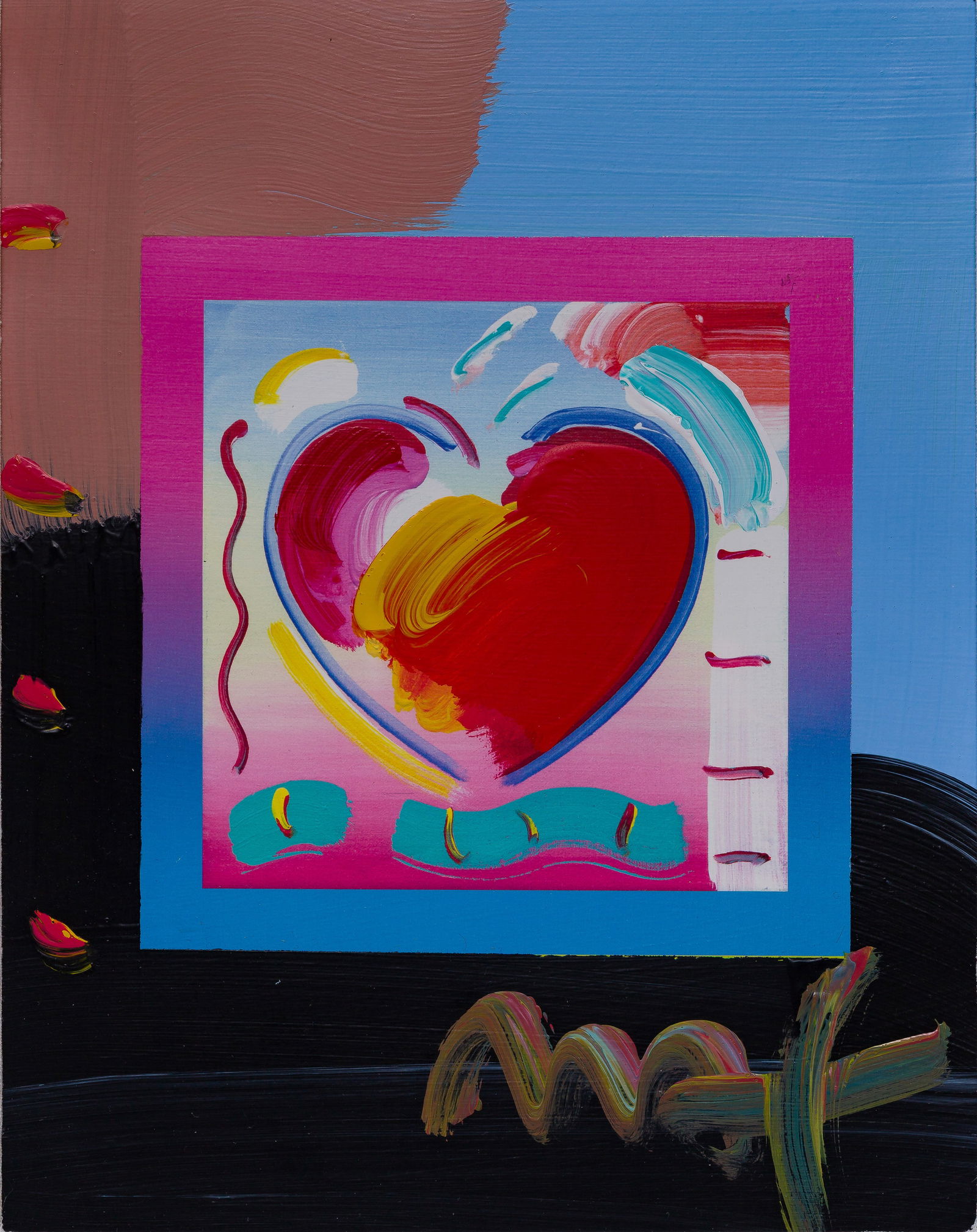 Peter Max (American, b.1937) 'Heart on Blends' Mixed Media on Paper: Peter Max (American, b.1937) 'Heart on Blends' Mixed Media on Paper 2006, signed, acrylic embellished lithograph, matted behind acrylic in a gold-tone wood frame having attached Park West Gallery,