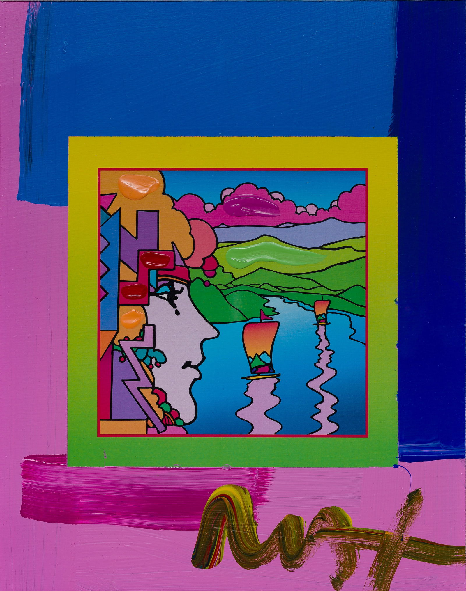 Peter Max (American, b.1937) 'Geometric Profile and Sailboat on Blends' Mixed Media on Paper: Peter Max (American, b.1937) 'Geometric Profile and Sailboat on Blends' Mixed Media on Paper 2006, signed, acrylic embellished lithograph, matted behind acrylic in a gold-tone wood frame having