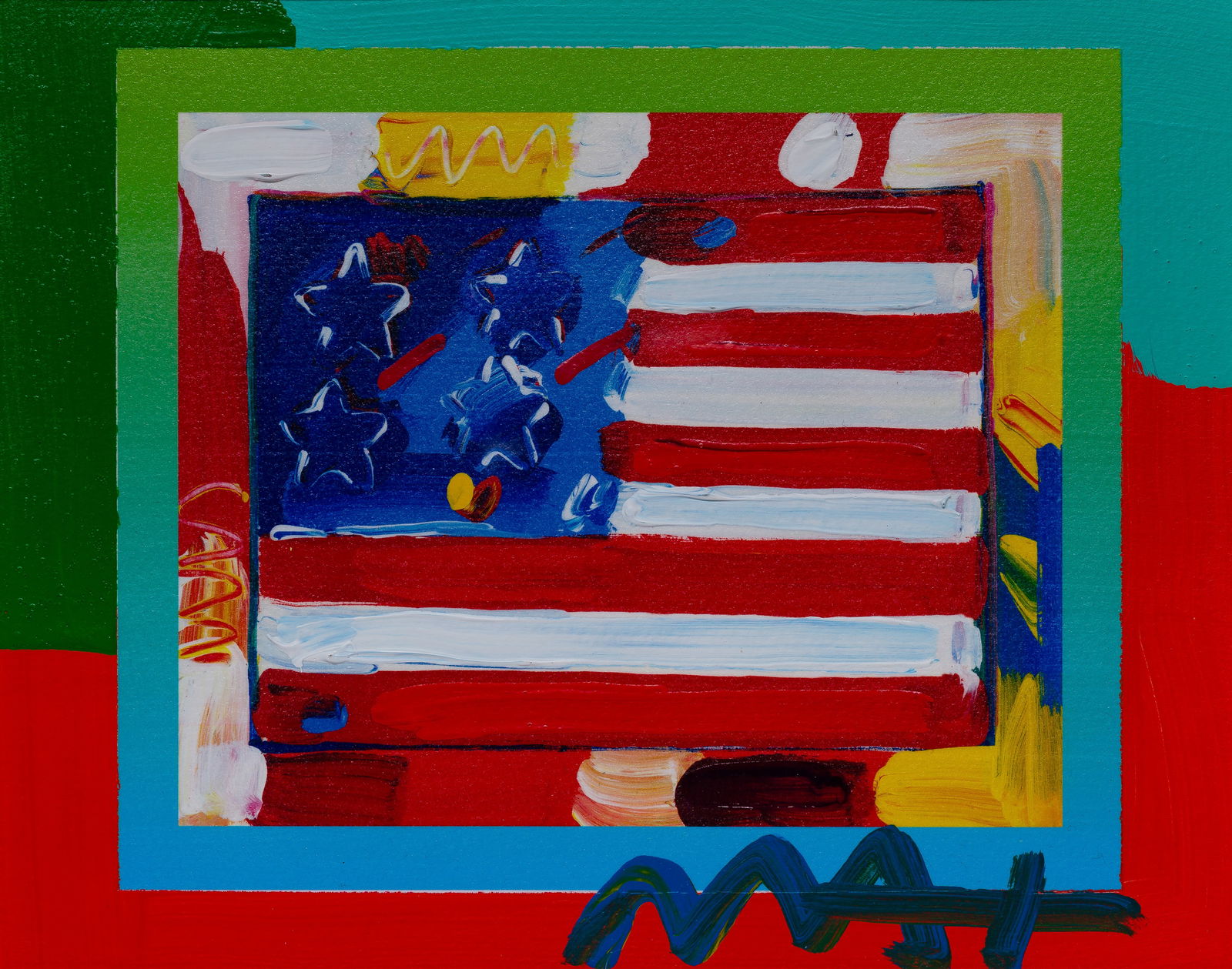 Peter Max (American, b.1937) 'Flag with Heart on Blend' Mixed Media on Paper (1 of 2)