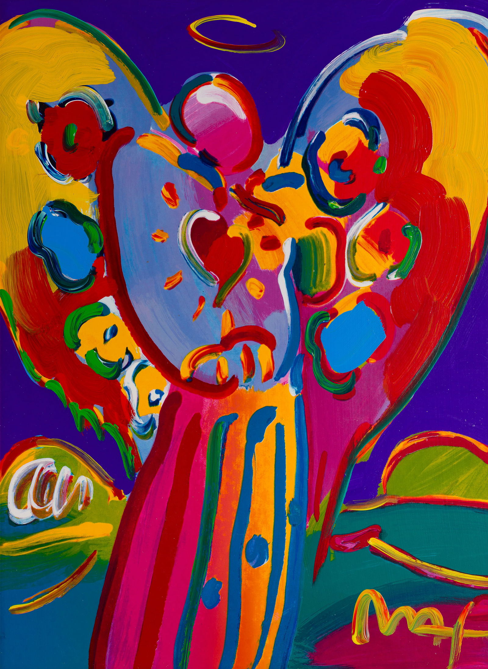 Peter Max (American, b.1937) 'Angel with Heart on Blue' Mixed Media on Paper: Peter Max (American, b.1937) 'Angel with Heart on Blue' Mixed Media on Paper 2005, signed, acrylic embellished serigraph, matted behind acrylic in a gold-tone wood frame Property from: an